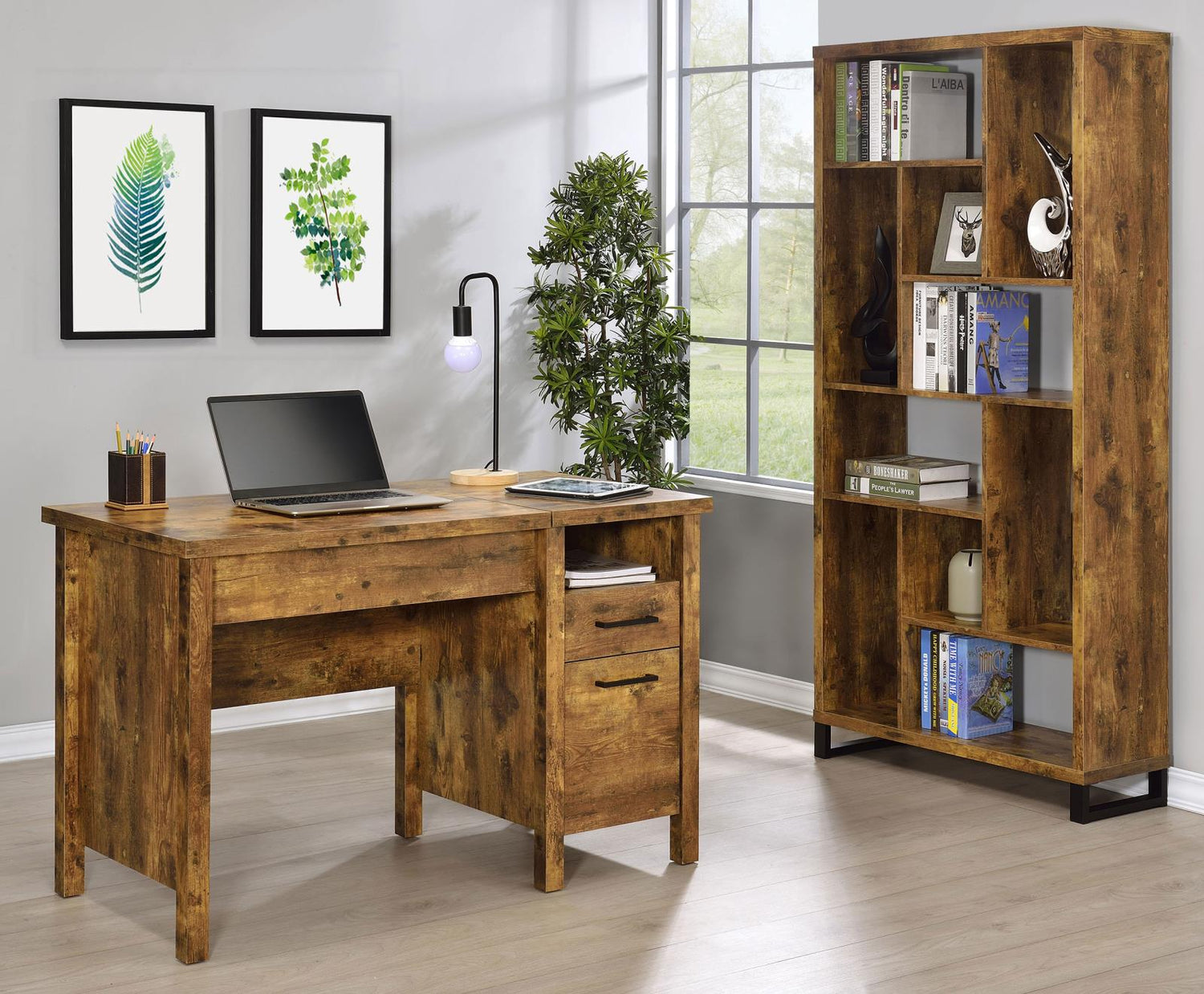 Delwin Antique Nutmeg Lift Top Office Desk with File Cabinet - 881240 - Bien Home Furniture & Electronics