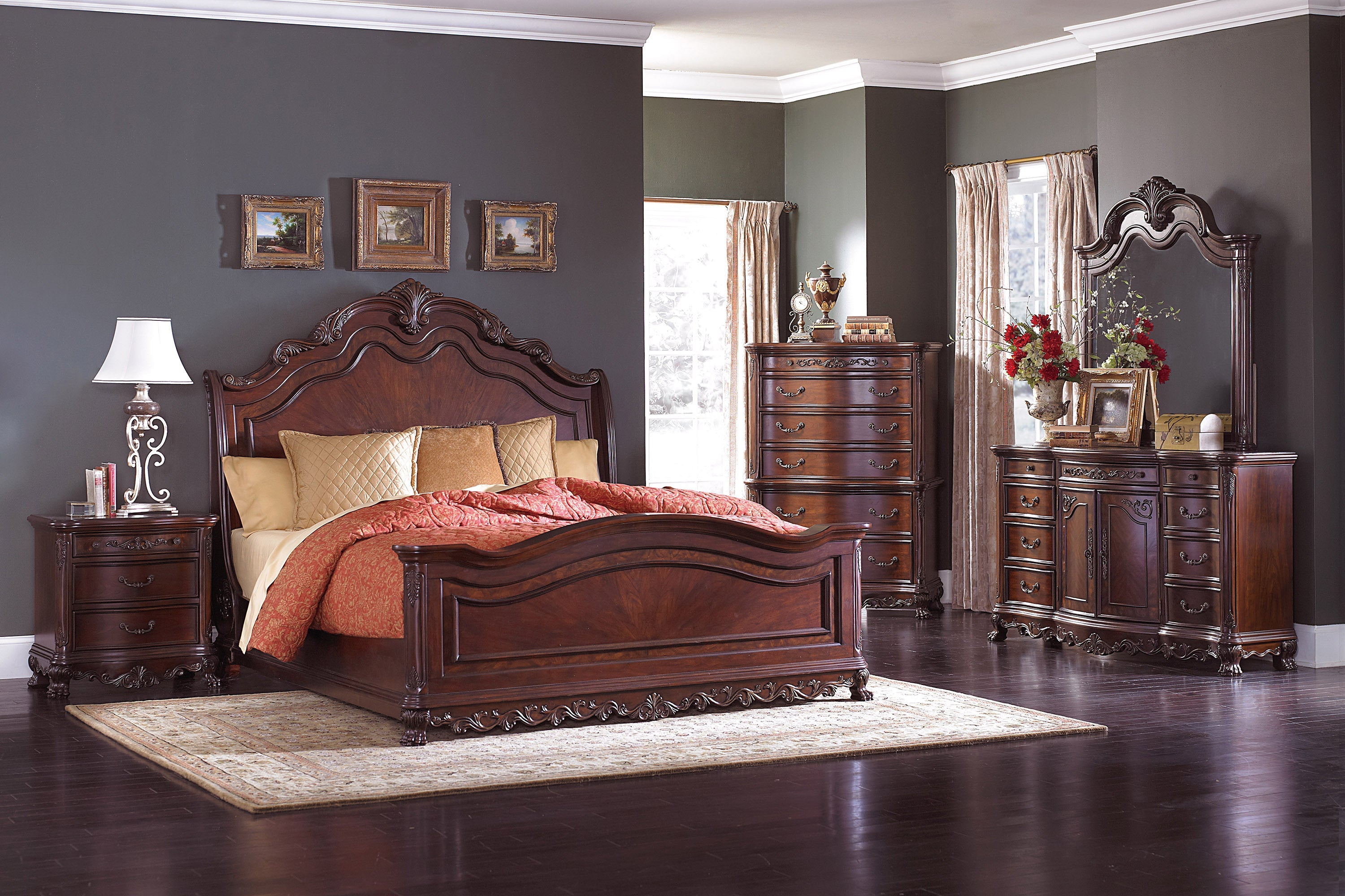 Deryn Park Cherry Queen Sleigh Bed - SET | 2243SL-1 | 2243SL-2 | 2243SL-3 - Bien Home Furniture & Electronics