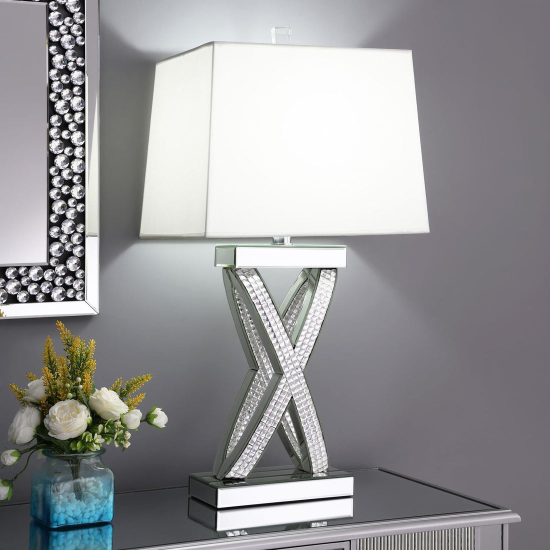 Dominick Table Lamp with Rectange Shade White/Mirror - 923289 - Bien Home Furniture &amp; Electronics