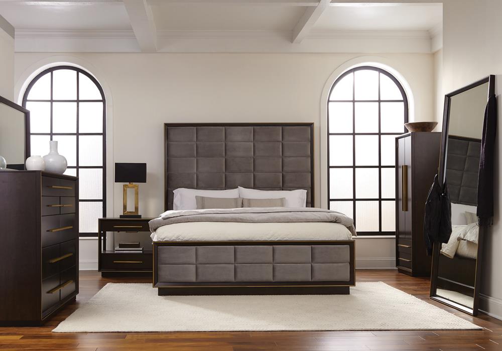Durango Smoked Peppercorn/Gray Upholstered Panel Bedroom Set - SET | 223261Q | 223262 | 223265 - Bien Home Furniture &amp; Electronics