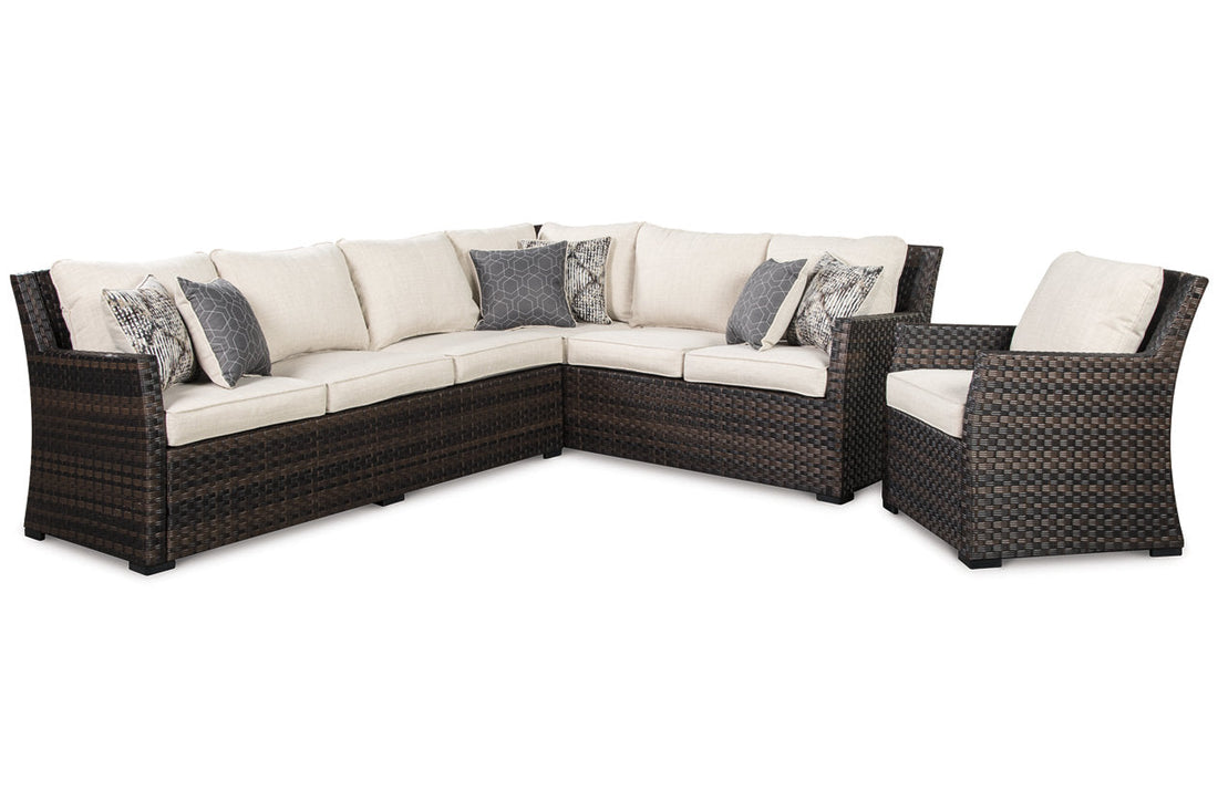 Easy Isle Dark Brown/Beige 3-Piece Sofa Sectional/Chair with Cushion - P455-822 - Bien Home Furniture &amp; Electronics