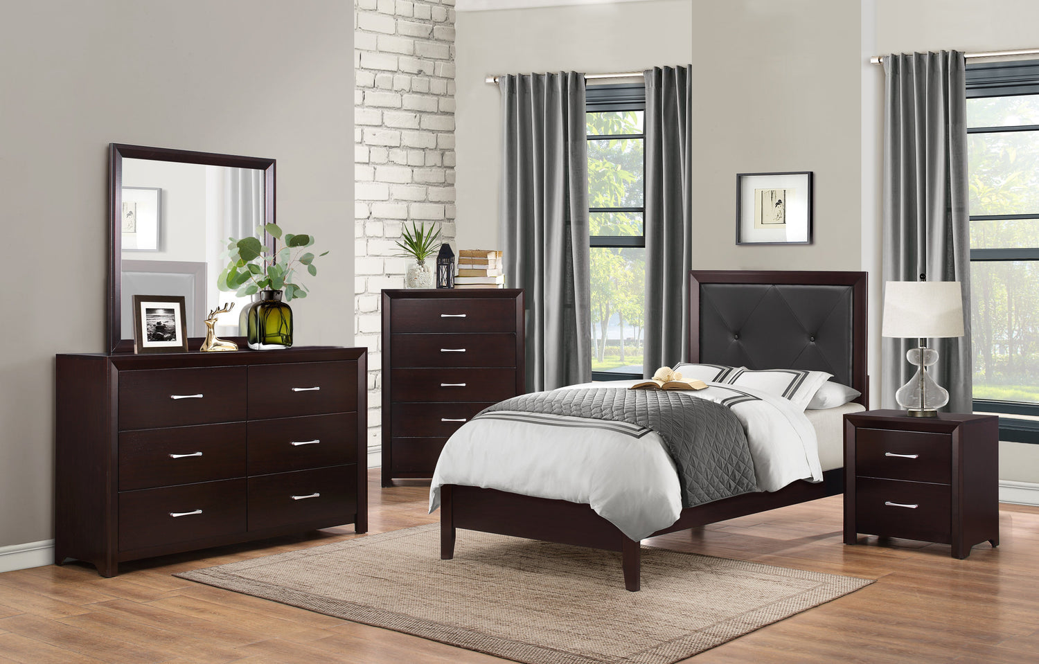 Edina Espresso Twin Upholstered Panel Bed - SET | 2145T-1 | 2145T-2 | 2145T-3 - Bien Home Furniture & Electronics