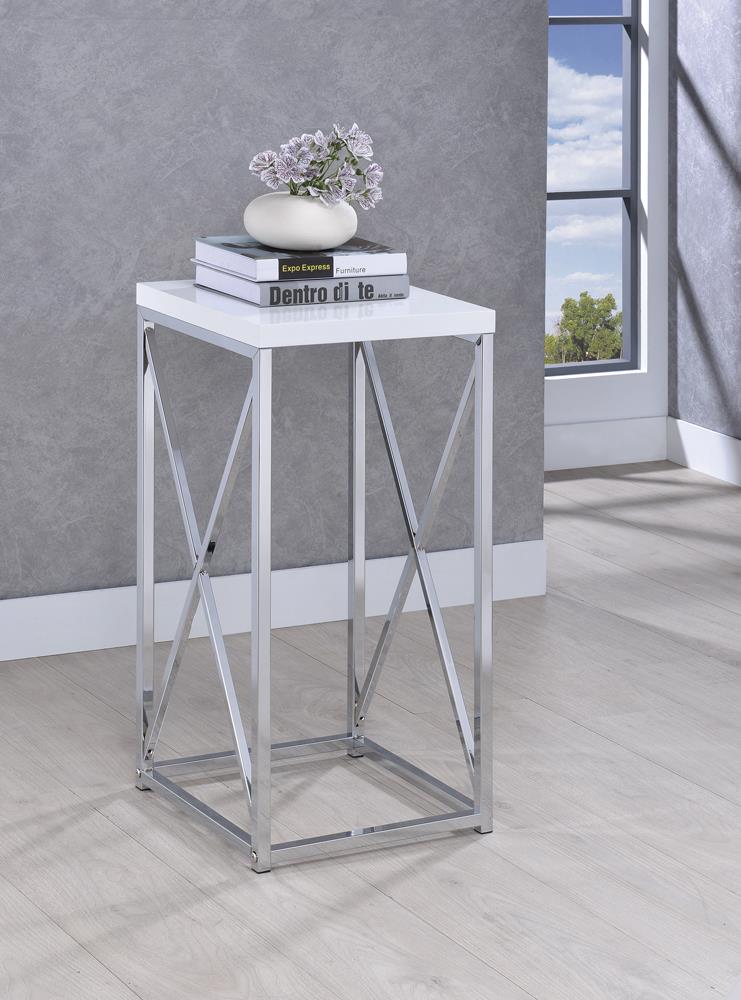 Edmund Glossy White/Chrome Accent Table with X-cross - 930014 - Bien Home Furniture &amp; Electronics