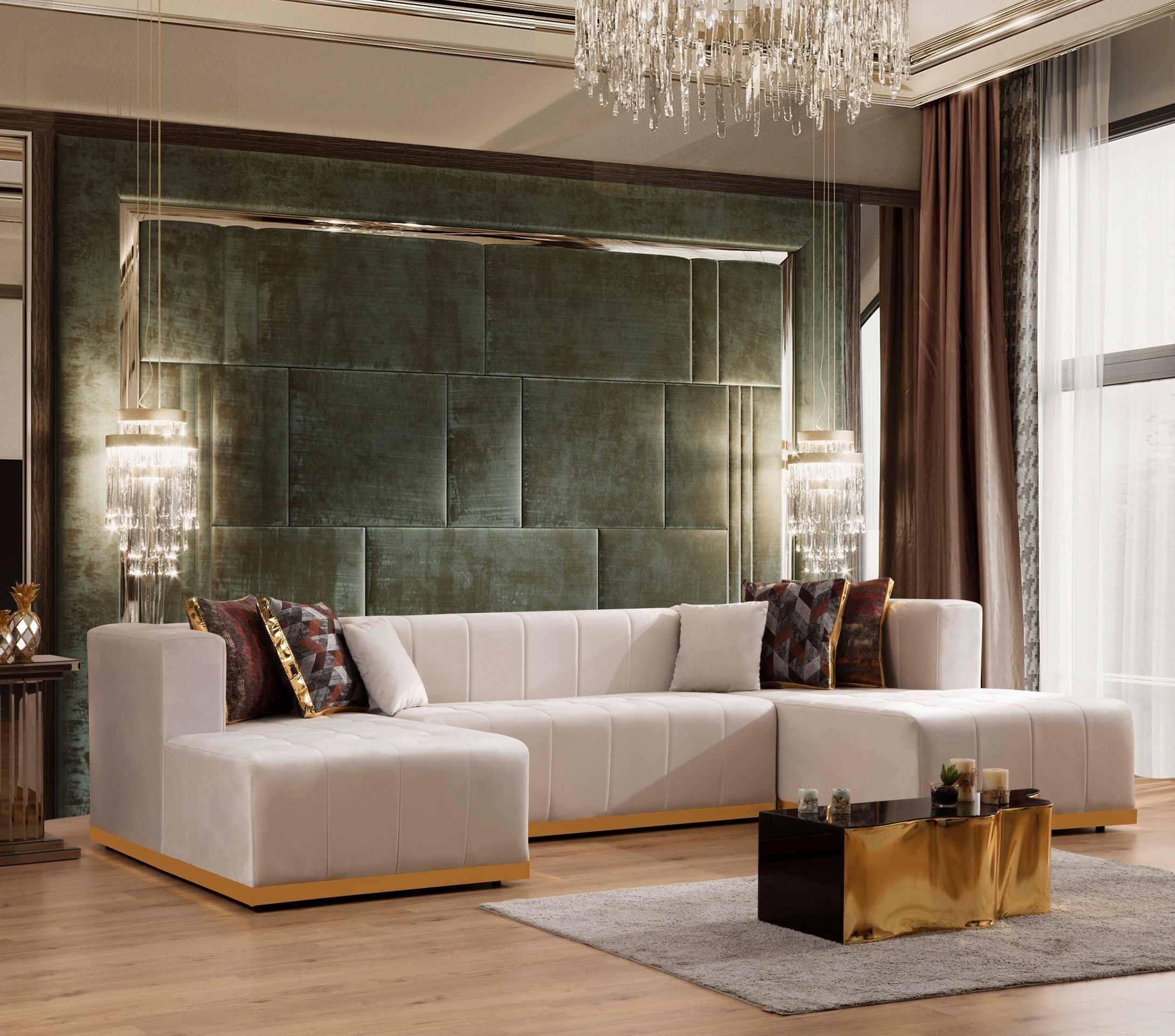 Elisha Ivory Velvet Double Chaise Sectional - ELISHAIVORY-SEC - Bien Home Furniture & Electronics