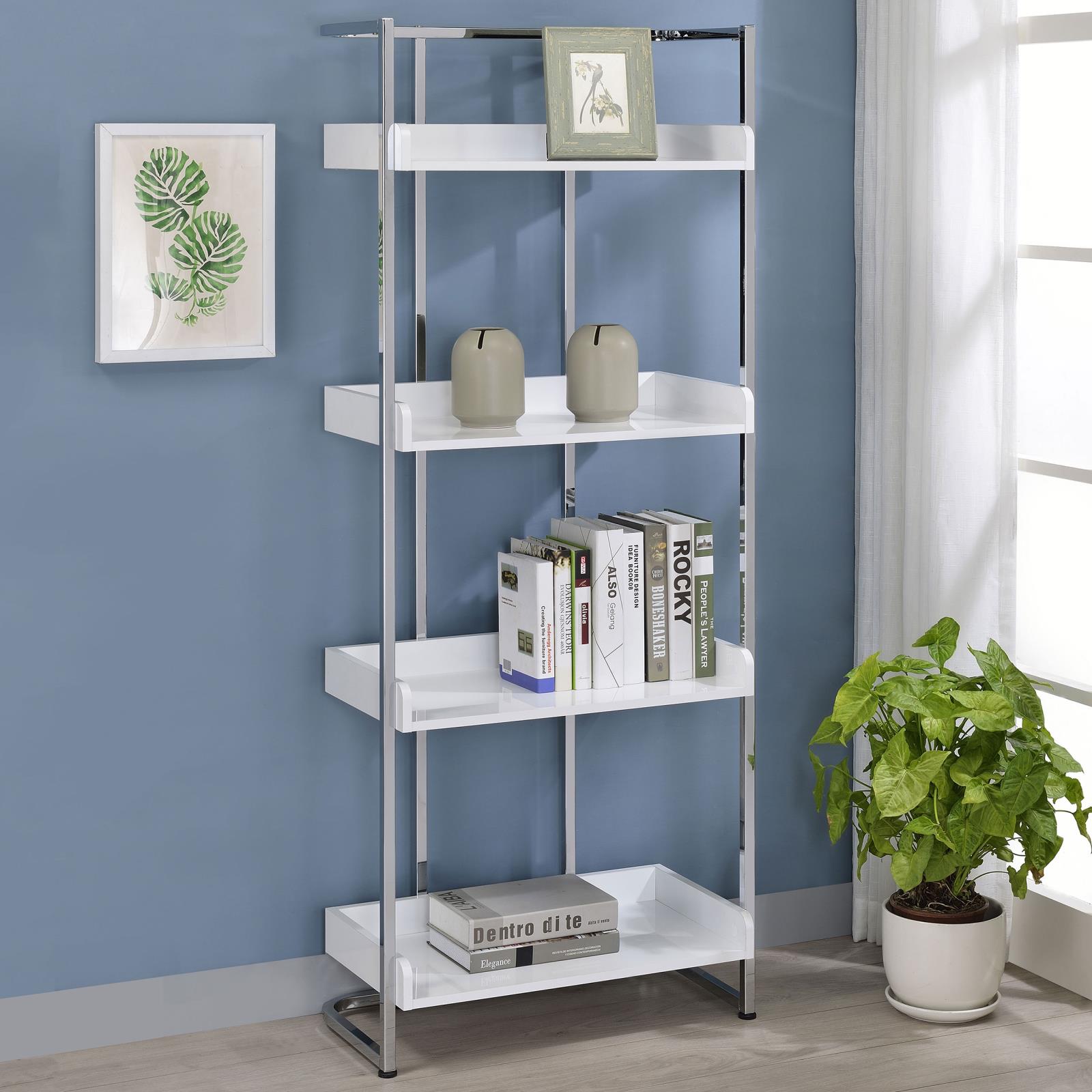 Ember White High Gloss/Chrome 4-Shelf Bookcase - 803402 - Bien Home Furniture &amp; Electronics