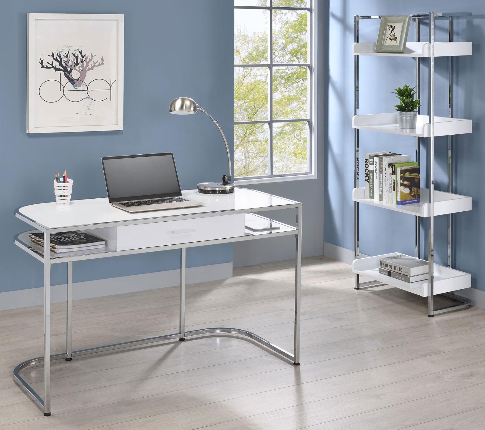 Ember White High Gloss/Chrome 4-Shelf Bookcase - 803402 - Bien Home Furniture & Electronics