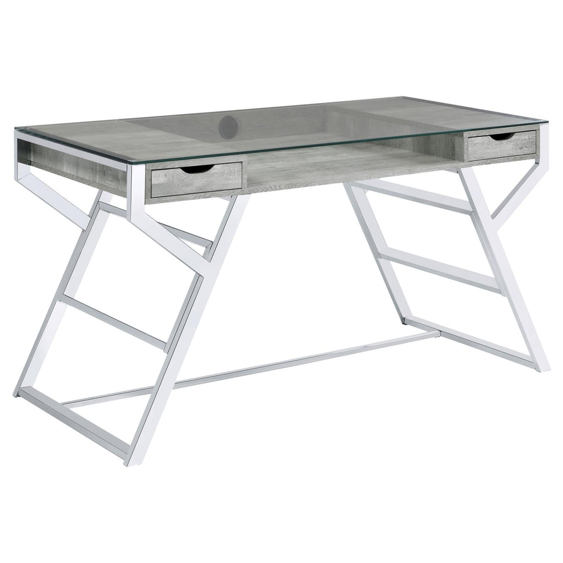 Emelle Gray Driftwood/Chrome 2-Drawer Glass Top Writing Desk - 882116 - Bien Home Furniture &amp; Electronics