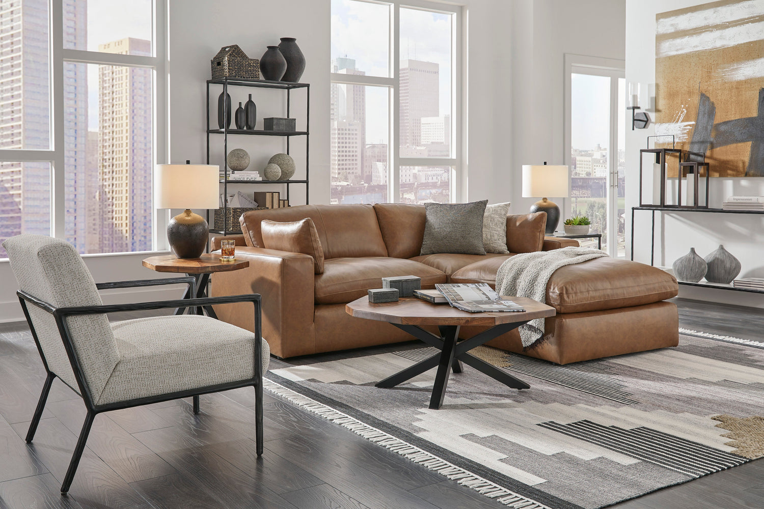 Emilia Caramel Leather 3-Piece Sectional with Ottoman - SET | 3090164 | 3090165 | 3090108 - Bien Home Furniture & Electronics