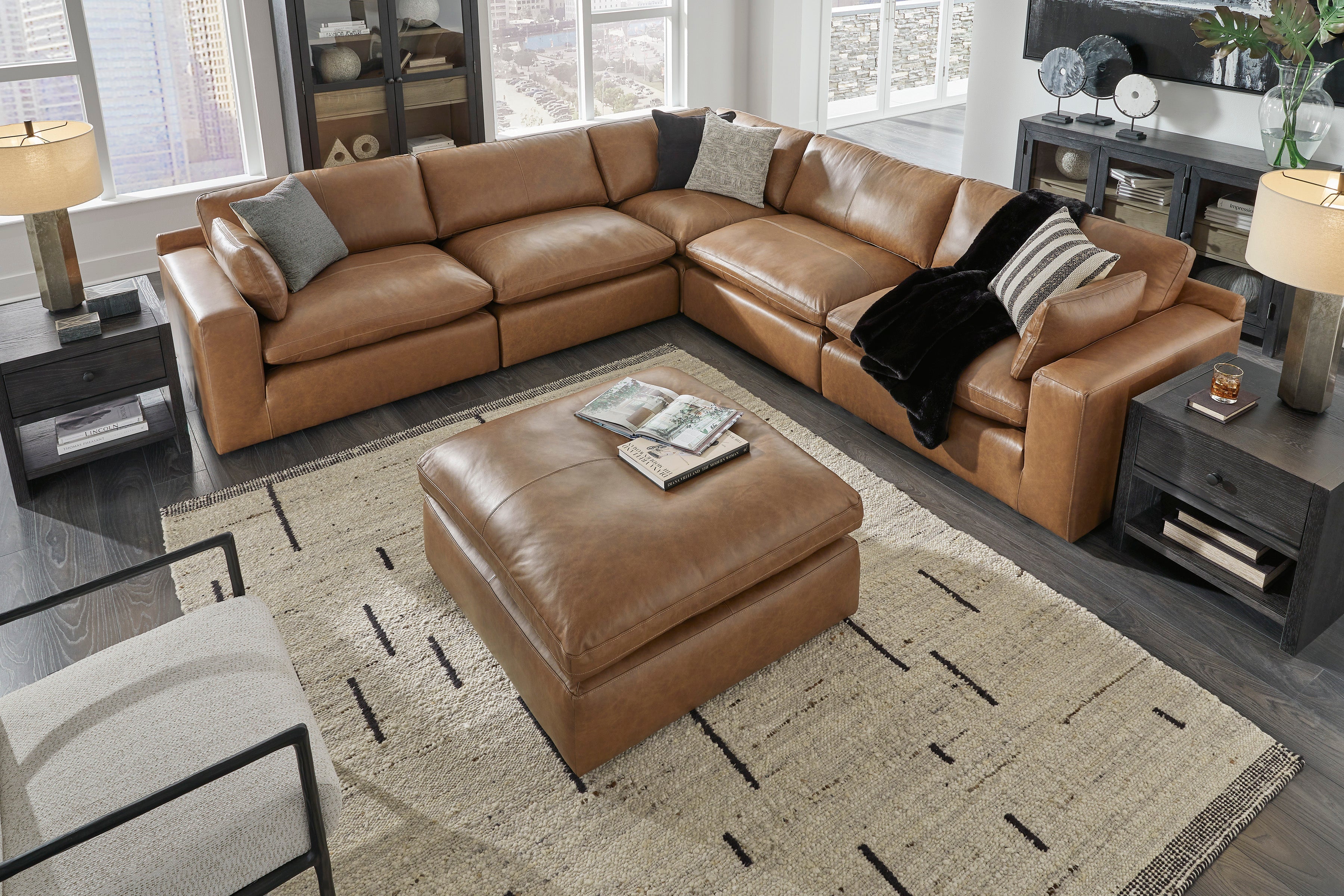 Emilia Caramel Leather 5-Piece Sectional - SET | 3090164 | 3090165 | 3090177 | 3090146 | 3090146 - Bien Home Furniture & Electronics