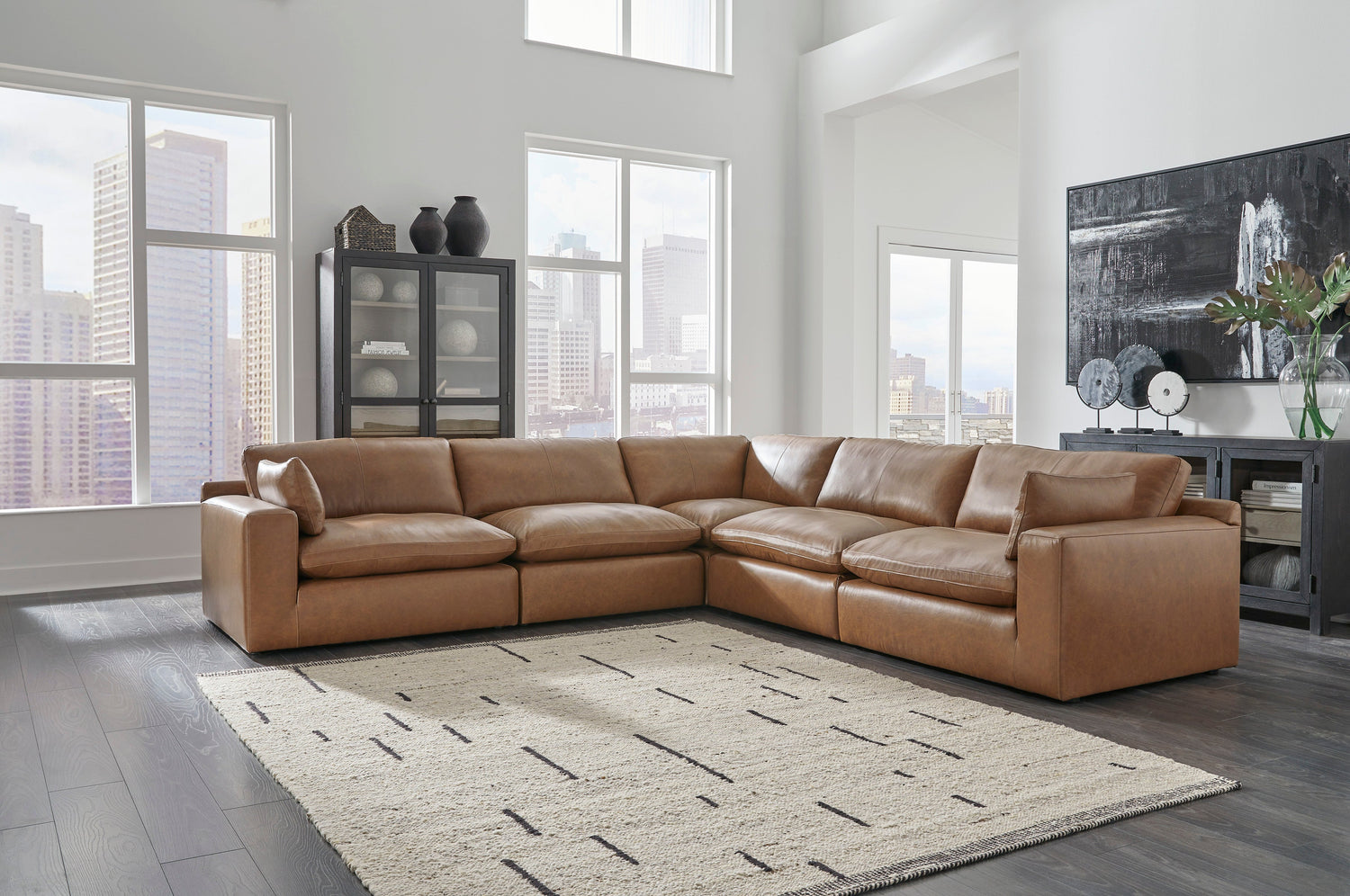 Emilia Caramel Leather 5-Piece Sectional - SET | 3090164 | 3090165 | 3090177 | 3090146 | 3090146 - Bien Home Furniture & Electronics