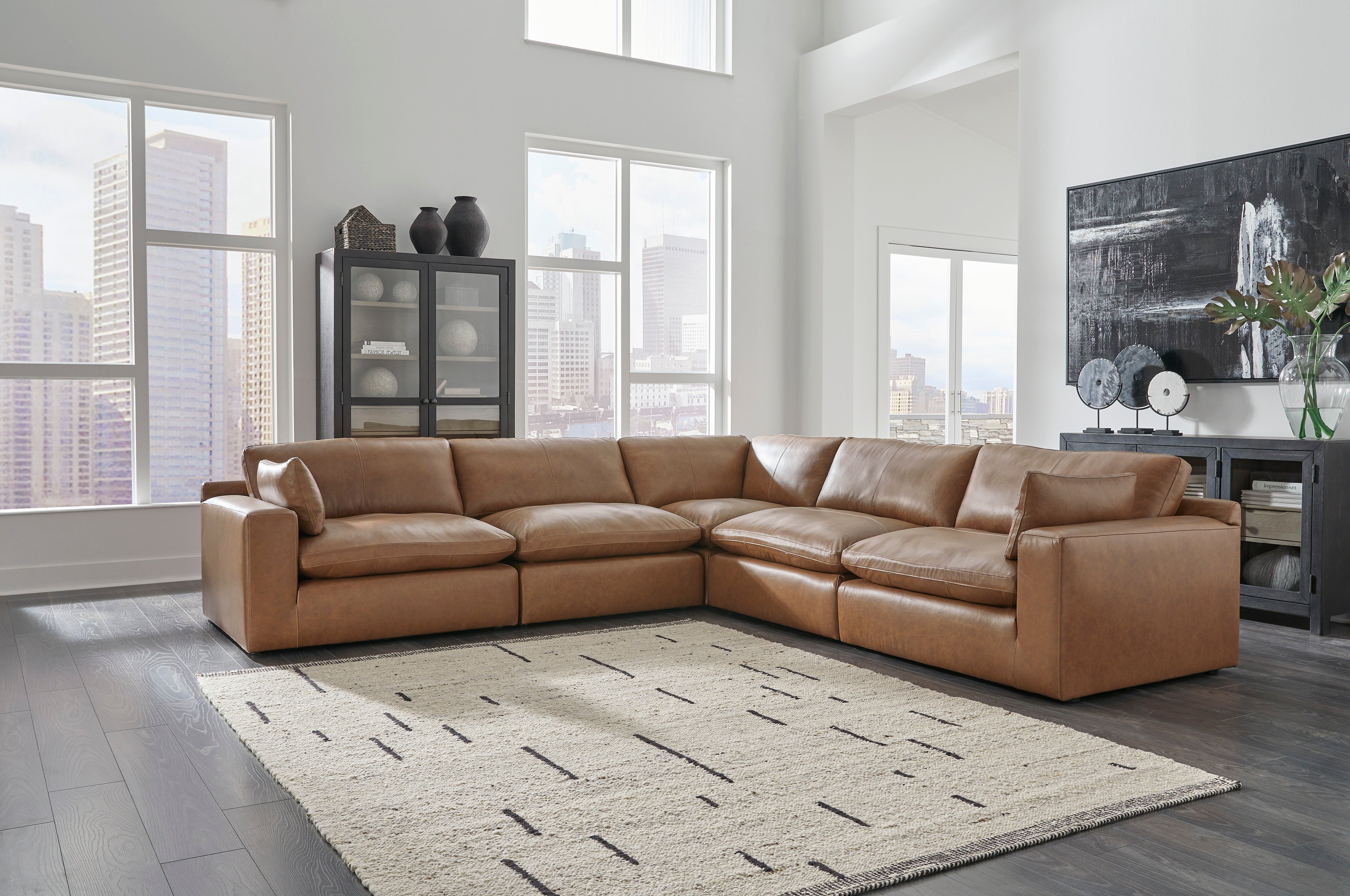 Emilia Caramel Leather 5-Piece Sectional - SET | 3090164 | 3090165 | 3090177 | 3090146 | 3090146 - Bien Home Furniture & Electronics