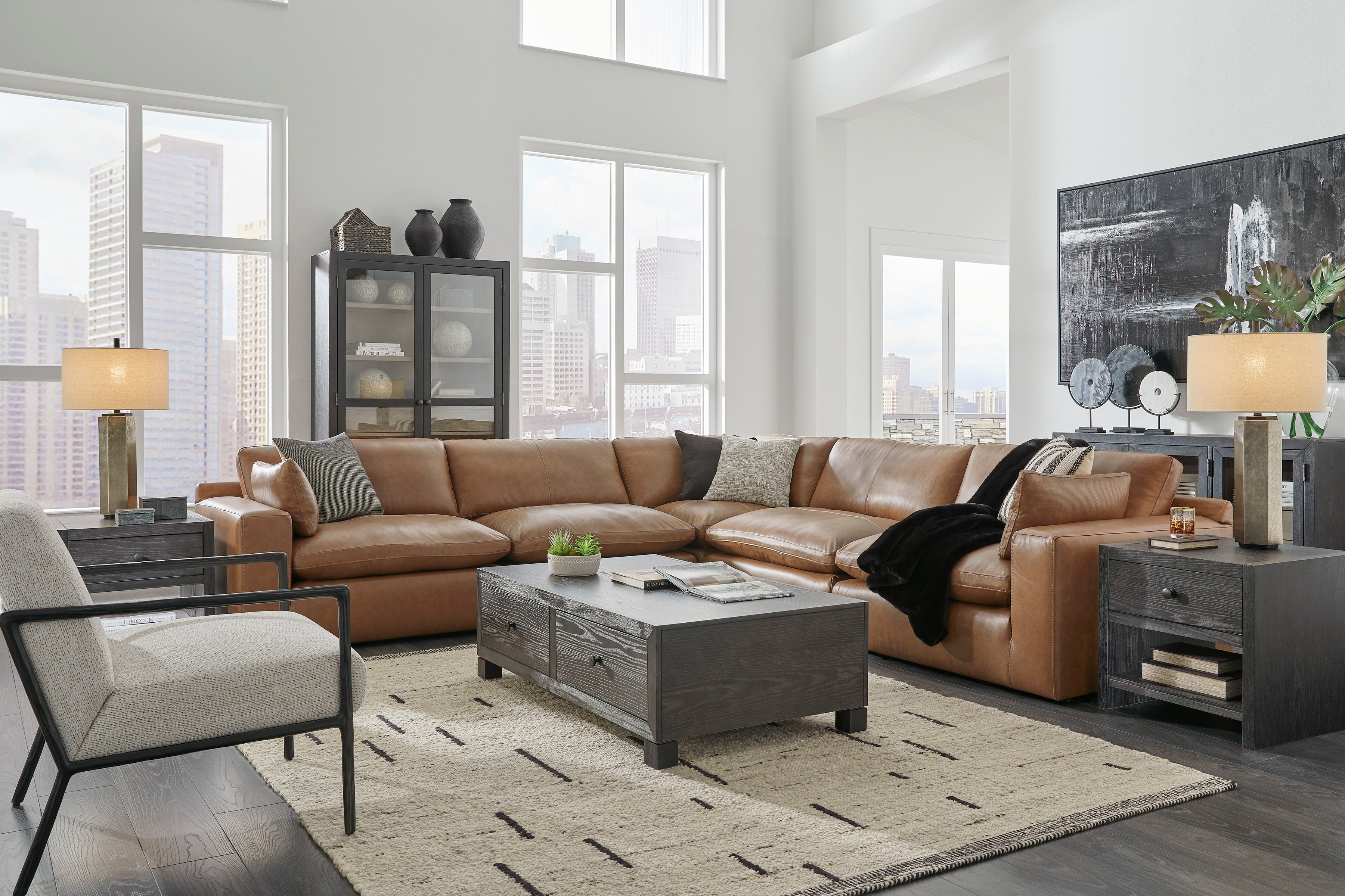 Emilia Caramel Leather 5-Piece Sectional - SET | 3090164 | 3090165 | 3090177 | 3090146 | 3090146 - Bien Home Furniture & Electronics