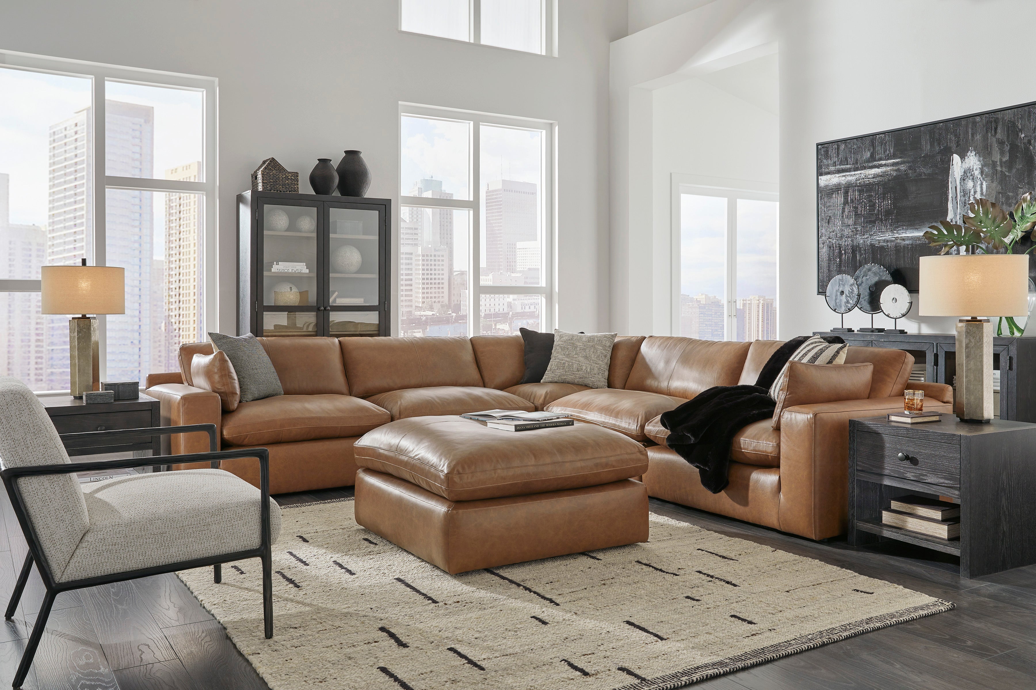 Emilia Caramel Leather 5-Piece Sectional - SET | 3090164 | 3090165 | 3090177 | 3090146 | 3090146 - Bien Home Furniture & Electronics