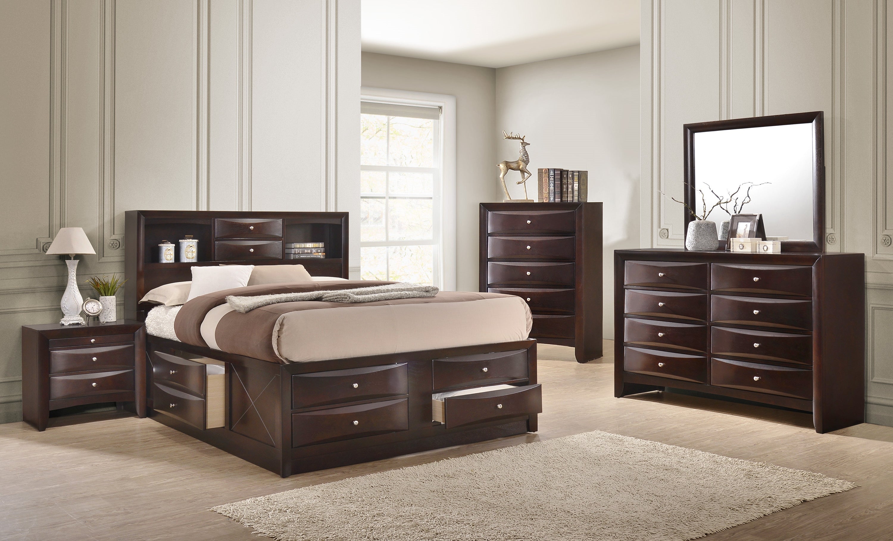 Emily Dark Cherry Storage Platform Bedroom Set - SET | B4265-K-HBFB | B4265-K-DRW-L | B4265-K-DRW-R | B4265-K-RAIL | B4260-1 | B4260-11 | B4260-2 | B4260-4 - Bien Home Furniture &amp; Electronics