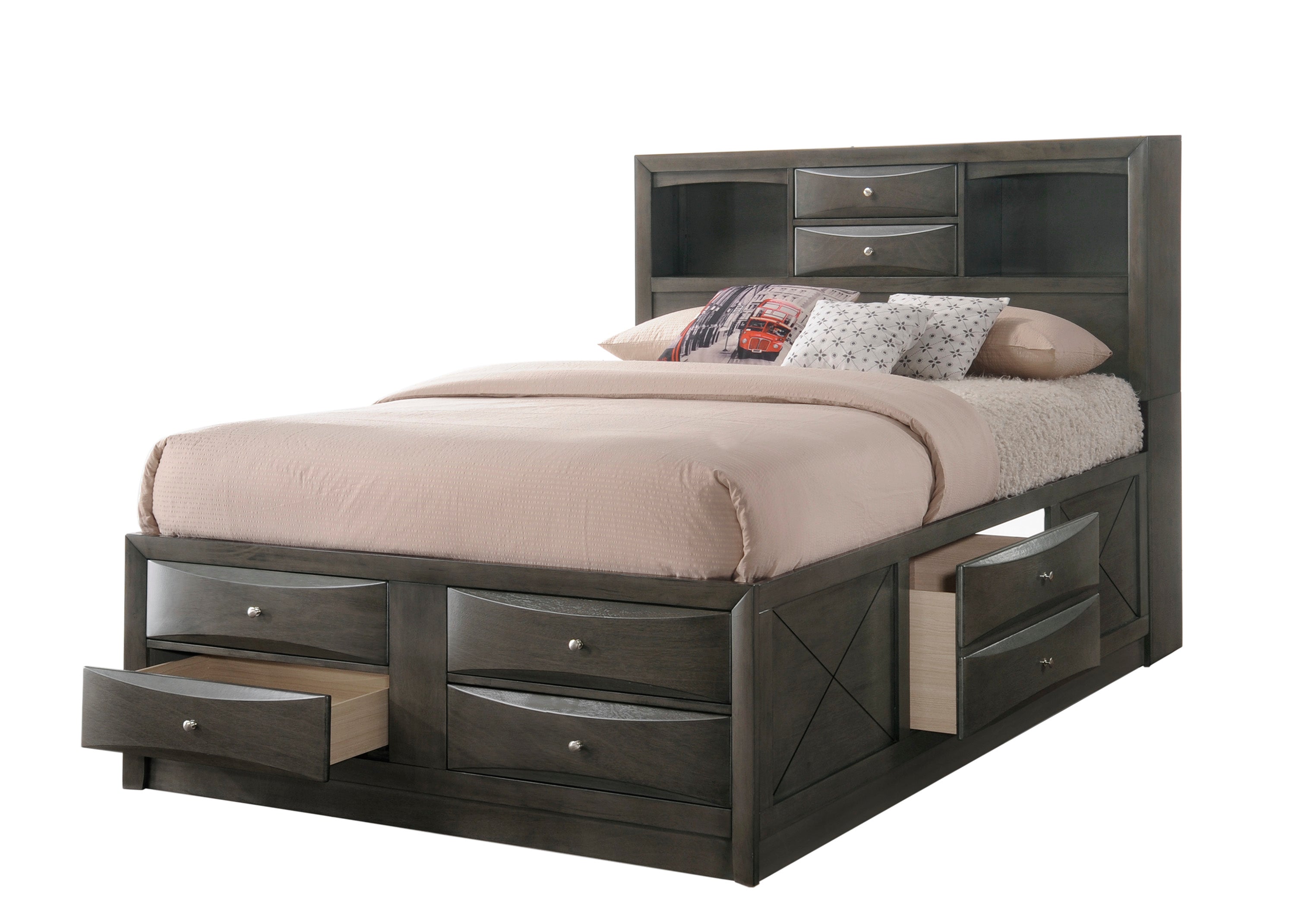 Emily Gray Storage Platform Bedroom Set - SET | B4275-Q-HBFB | B4275-Q-DRW-L | B4275-Q-DRW-R | B4275-Q-RAIL | B4270-2 | B4270-4 - Bien Home Furniture & Electronics