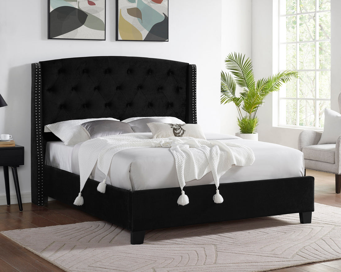 Eva Black Velvet King Upholstered Bed - SET | 5111BK-K-HBFB | 5111BK-KQ-RAIL - Bien Home Furniture &amp; Electronics