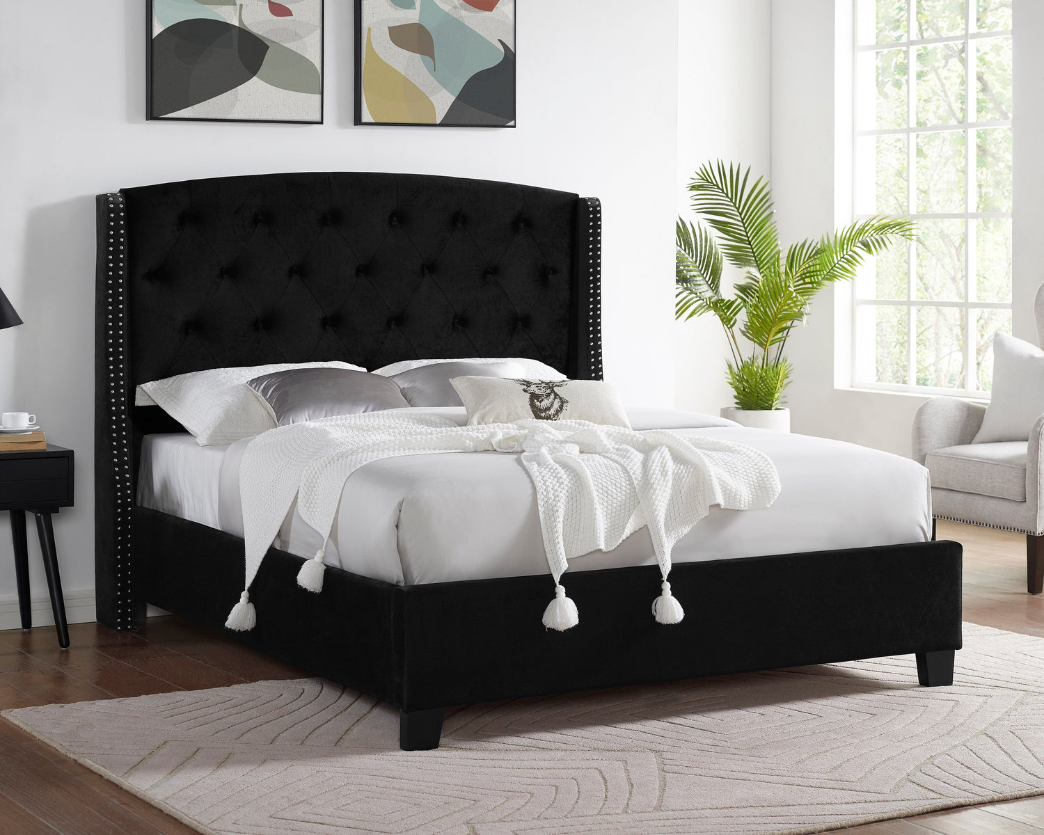 Eva Black Velvet Queen Upholstered Bed - SET | 5111BK-Q-HBFB | 5111BK-KQ-RAIL - Bien Home Furniture & Electronics