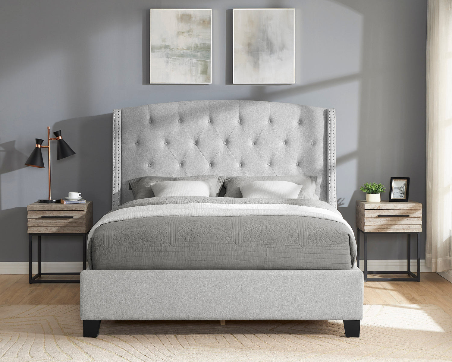 Eva Dove Gray Queen Upholstered Bed - SET | 5111DV-Q-HBFB | 5111DV-KQ-RAIL - Bien Home Furniture & Electronics