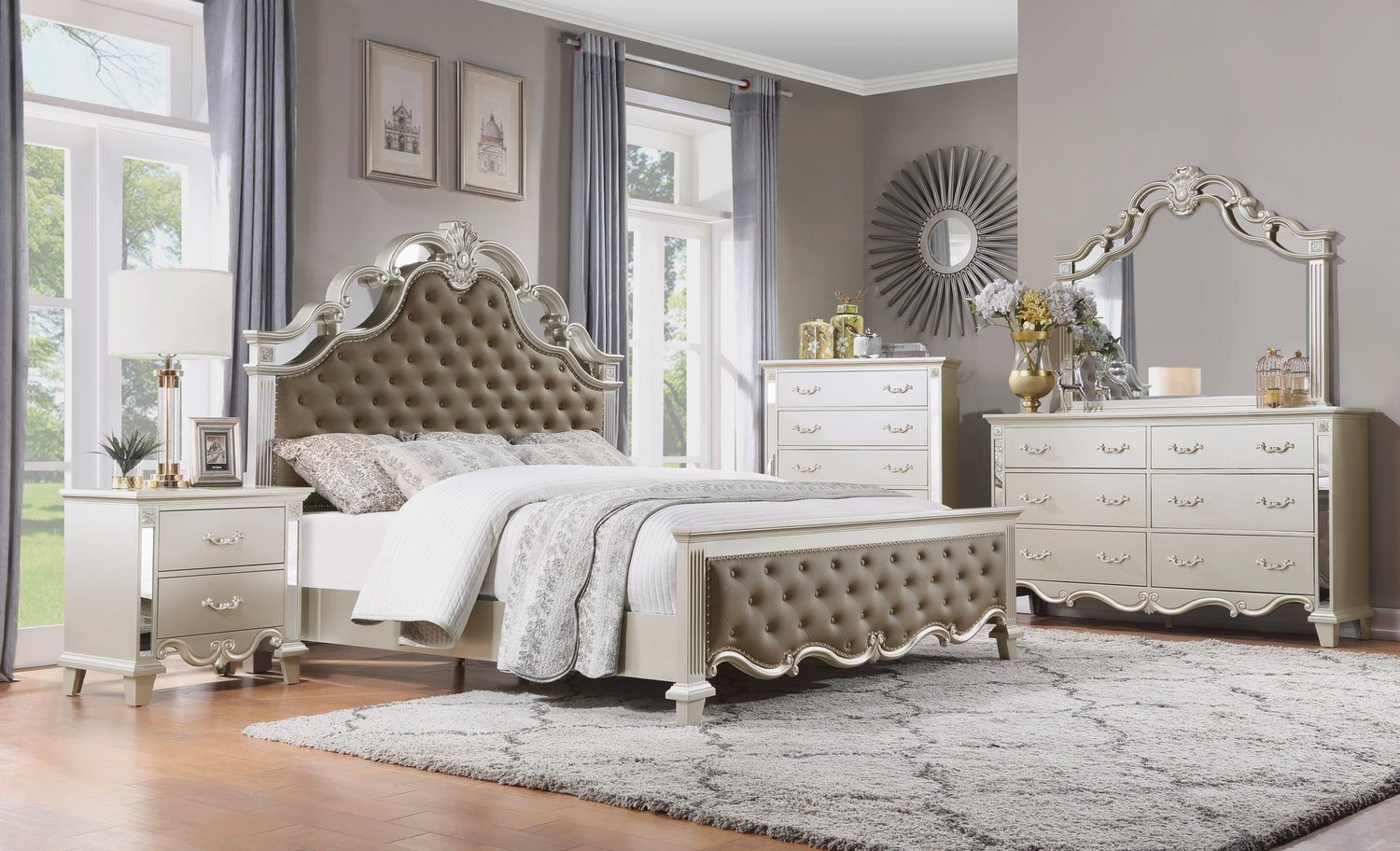 Ever Champagne King Mirrored Upholstered Panel Bed - SET | 1429K-1 | 1429K-2 | 1429-3 - Bien Home Furniture & Electronics