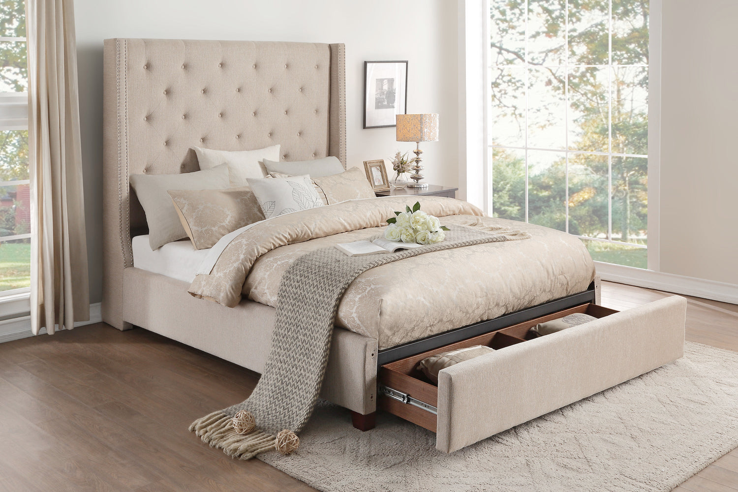 Fairborn Beige King Upholstered Storage Platform Bed - SET | 5877KBE-1 | 5877KBE-3EK | 5877K-2DW - Bien Home Furniture & Electronics