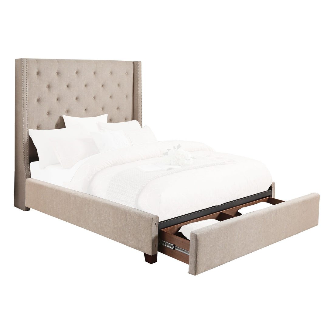 Fairborn Beige Queen Upholstered Storage Platform Bed - SET | 5877BE-1 | 5877BE-3 | 5877-2DW - Bien Home Furniture &amp; Electronics