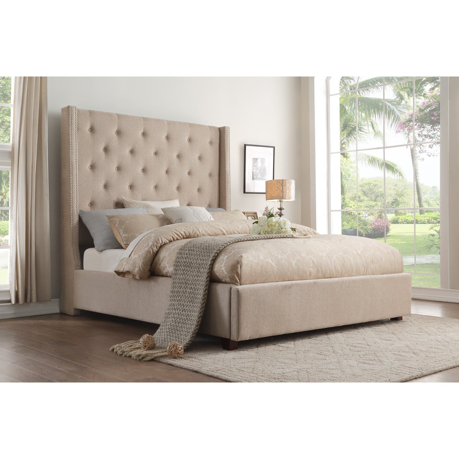 Fairborn Beige Queen Upholstered Storage Platform Bed - SET | 5877BE-1 | 5877BE-3 | 5877-2DW - Bien Home Furniture &amp; Electronics