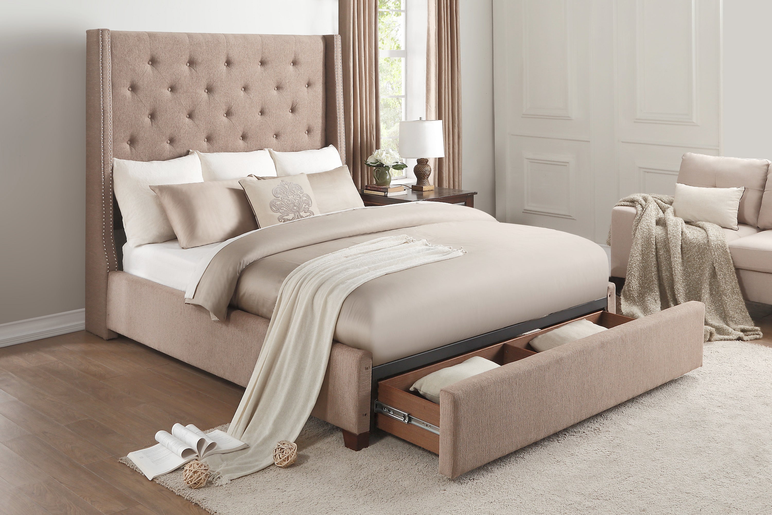 Fairborn Brown Queen Upholstered Storage Platform Bed - SET | 5877BR-1 | 5877BR-3 | 5877-2DW - Bien Home Furniture &amp; Electronics