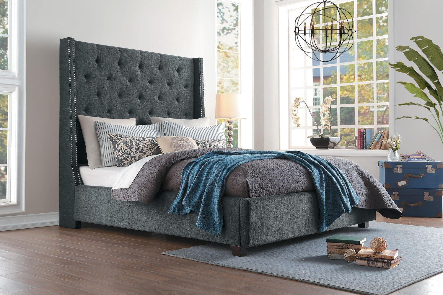 Fairborn Gray King Upholstered Storage Platform Bed - SET | 5877KGY-1 | 5877KGY-3EK | 5877K-2DW - Bien Home Furniture &amp; Electronics