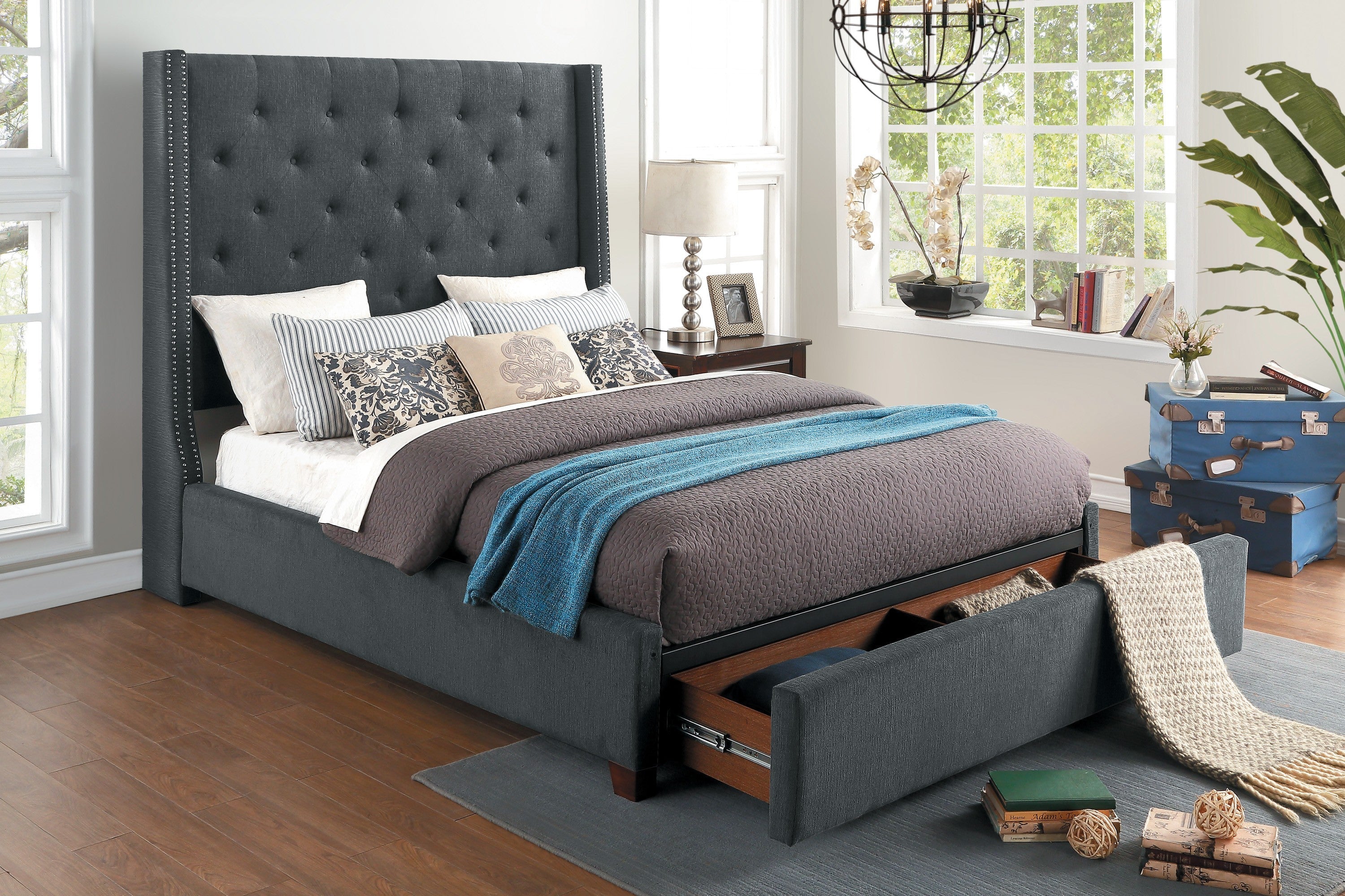 Fairborn Gray Queen Upholstered Storage Platform Bed - SET | 5877GY-1 | 5877GY-3 | 5877-2DW - Bien Home Furniture & Electronics