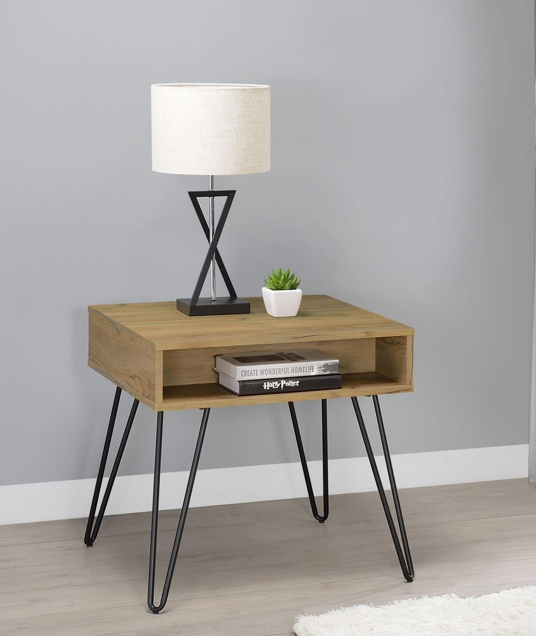 Fanning Square End Table with Open Compartment Golden Oak/Black - 723367 - Bien Home Furniture &amp; Electronics