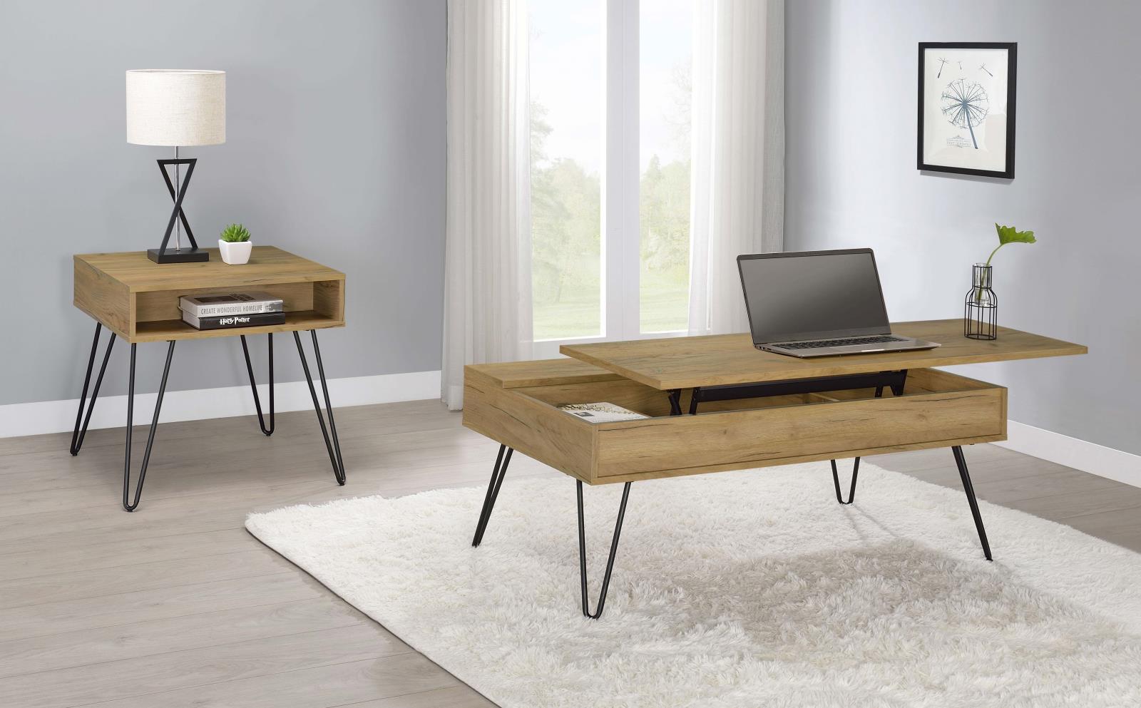 Fanning Square End Table with Open Compartment Golden Oak/Black - 723367 - Bien Home Furniture & Electronics
