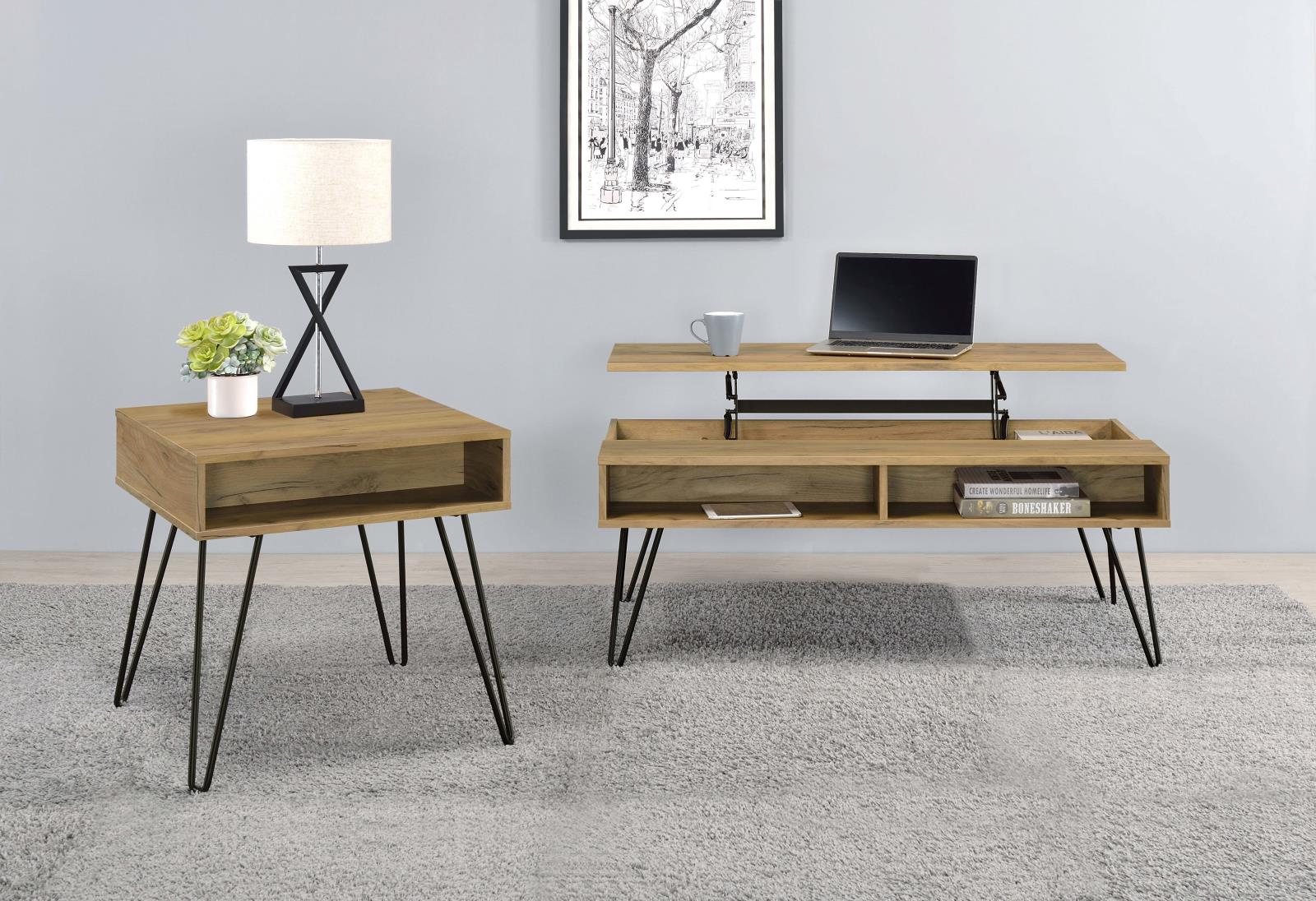 Fanning Square End Table with Open Compartment Golden Oak/Black - 723367 - Bien Home Furniture & Electronics