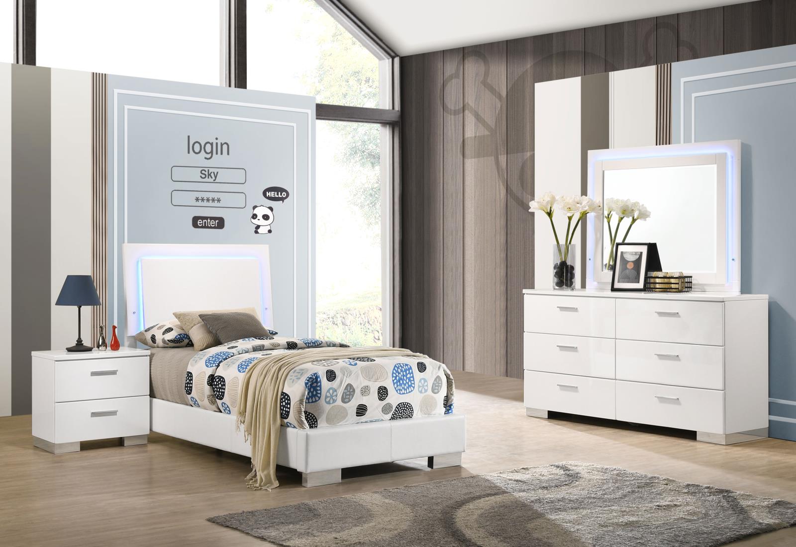 Felicity 4-piece Twin Bedroom Set with LED Headboard and Mirror Glossy White - 203500T-S4L - Bien Home Furniture & Electronics