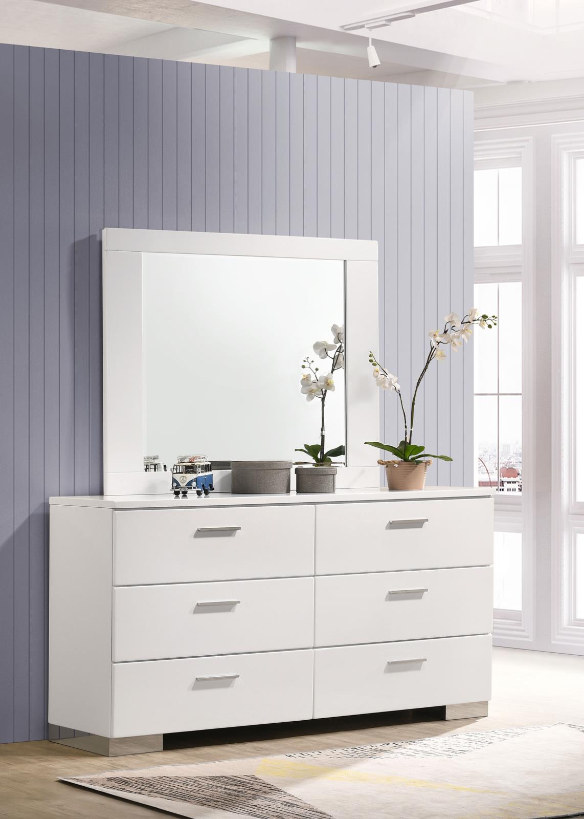 Felicity 6-drawer Dresser with Mirror Glossy White - 203503M - Bien Home Furniture & Electronics