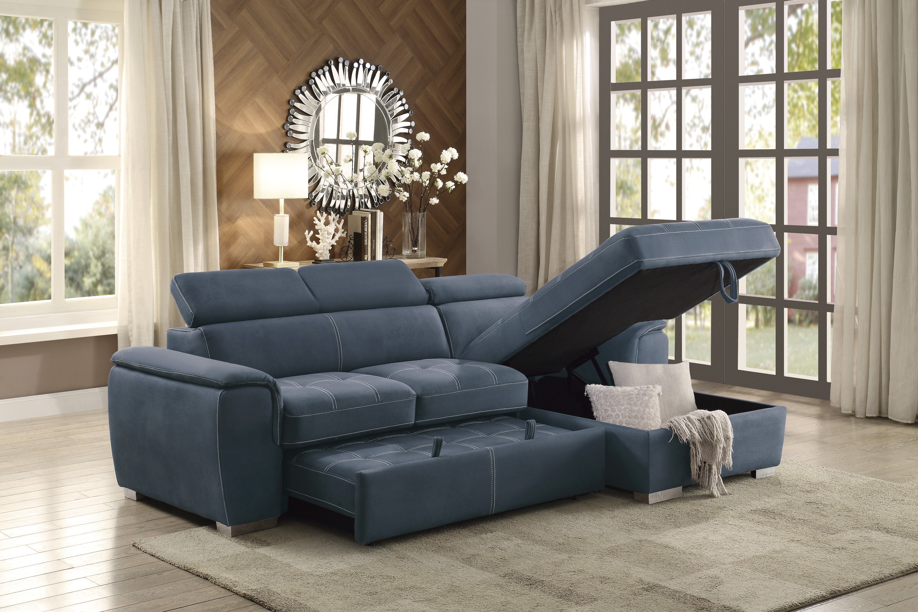 Ferriday Blue Sectional with Adjustable Headrests, Pull-out Bed and Right Chaise with Hidden Storage - 8228BU* - Bien Home Furniture & Electronics