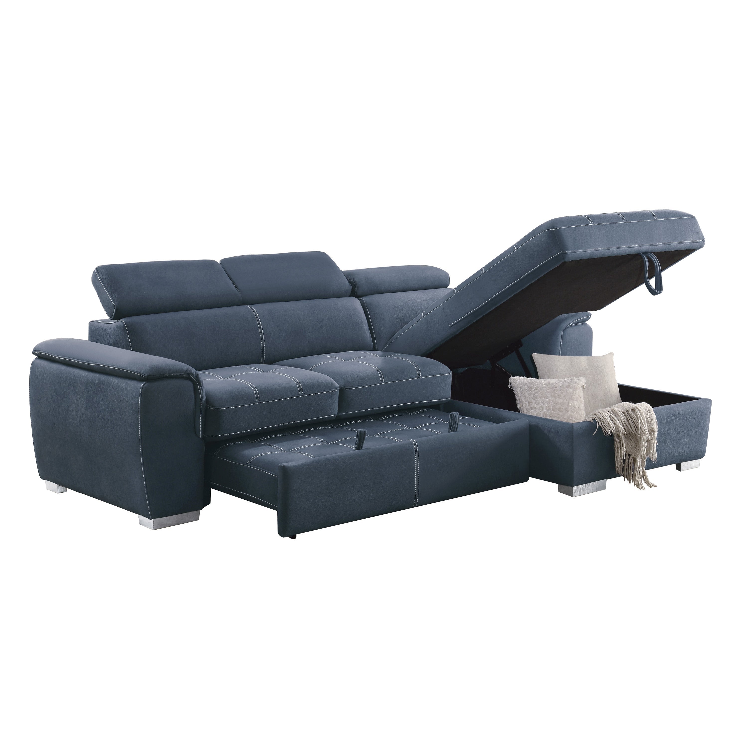Ferriday Blue Sectional with Adjustable Headrests, Pull-out Bed and Right Chaise with Hidden Storage - 8228BU* - Bien Home Furniture & Electronics