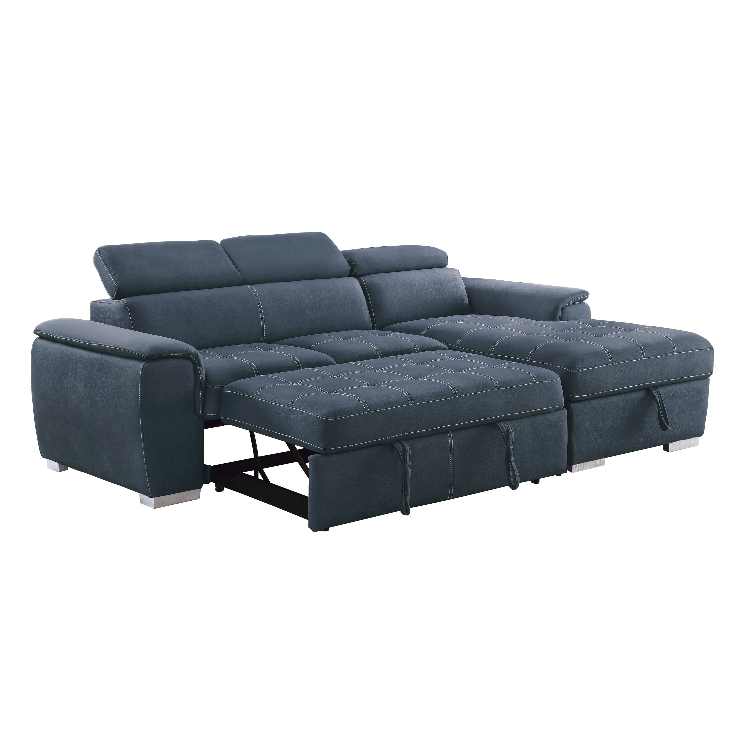 Ferriday Blue Sectional with Adjustable Headrests, Pull-out Bed and Right Chaise with Hidden Storage - 8228BU* - Bien Home Furniture & Electronics