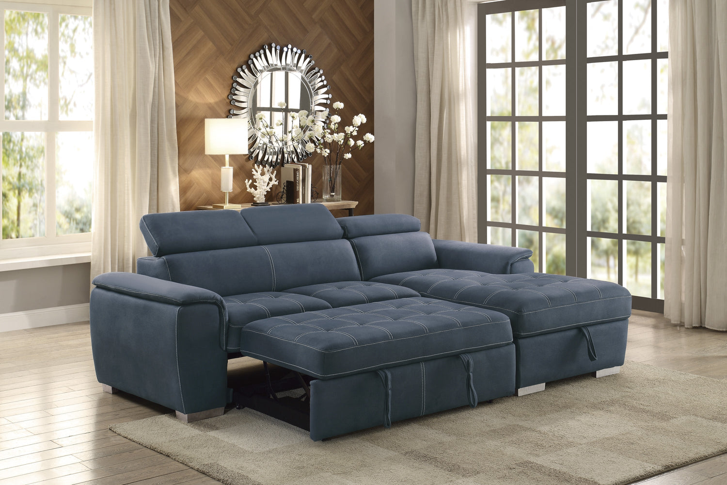 Ferriday Blue Storage Sleeper Sofa Chaise - SET | 8228BU-L | 8228BU-R - Bien Home Furniture & Electronics