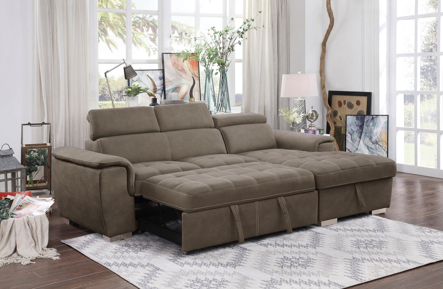 Ferriday Taupe Storage Sleeper Sofa Chaise - SET | 8228TP-L | 8228TP-R - Bien Home Furniture & Electronics