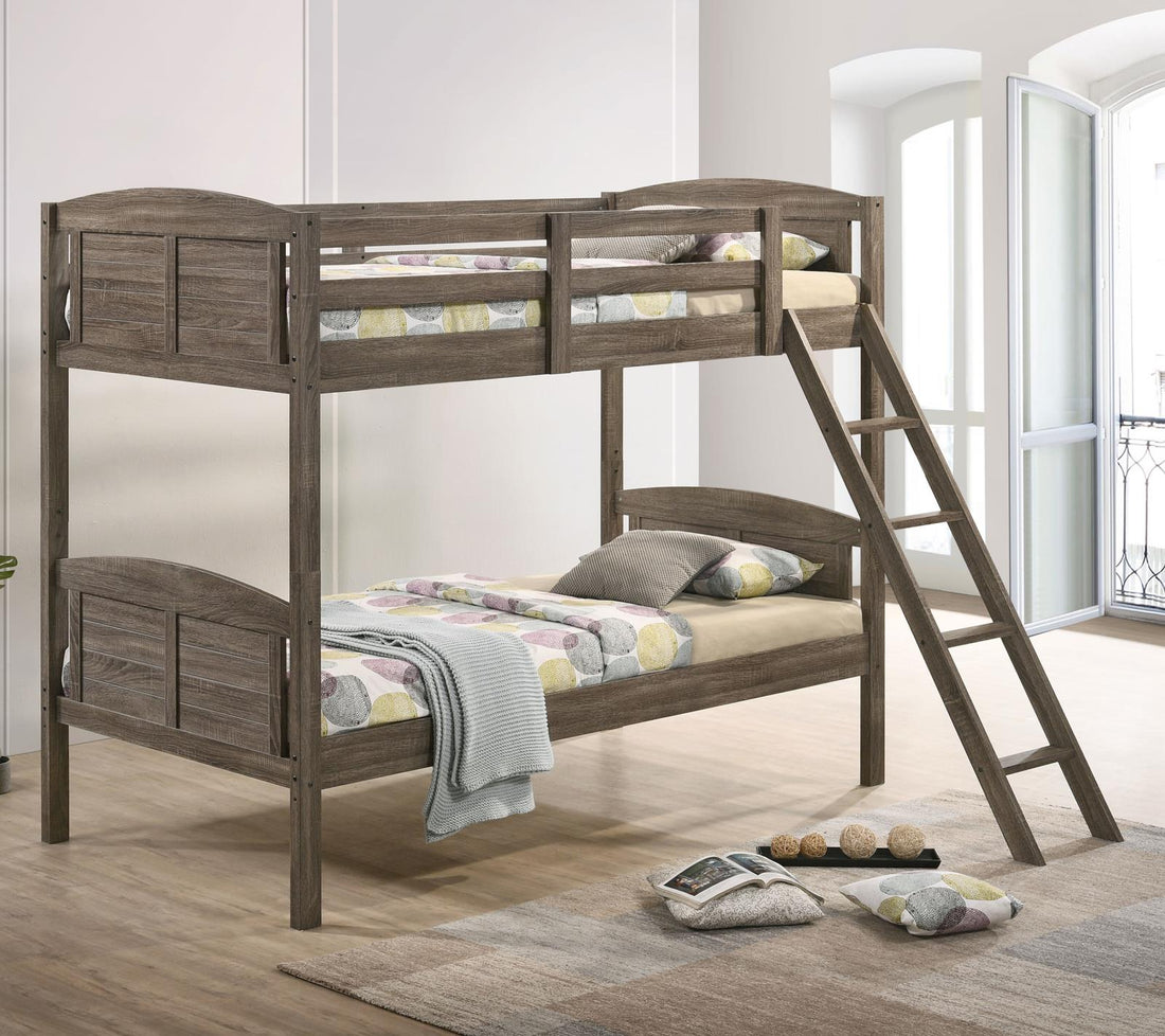 Flynn Weathered Brown Twin over Twin Bunk Bed - 400808 - Bien Home Furniture &amp; Electronics