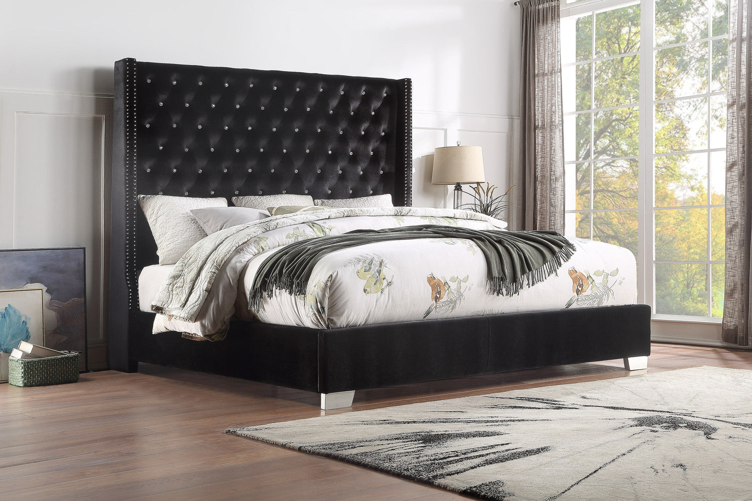 Franco Black Velvet Queen Upholstered Bed - SET | SH228BLK-1 | SH228BLK-3 - Bien Home Furniture &amp; Electronics