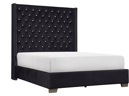Franco Black Velvet Queen Upholstered Bed - SET | SH228BLK-1 | SH228BLK-3 - Bien Home Furniture &amp; Electronics