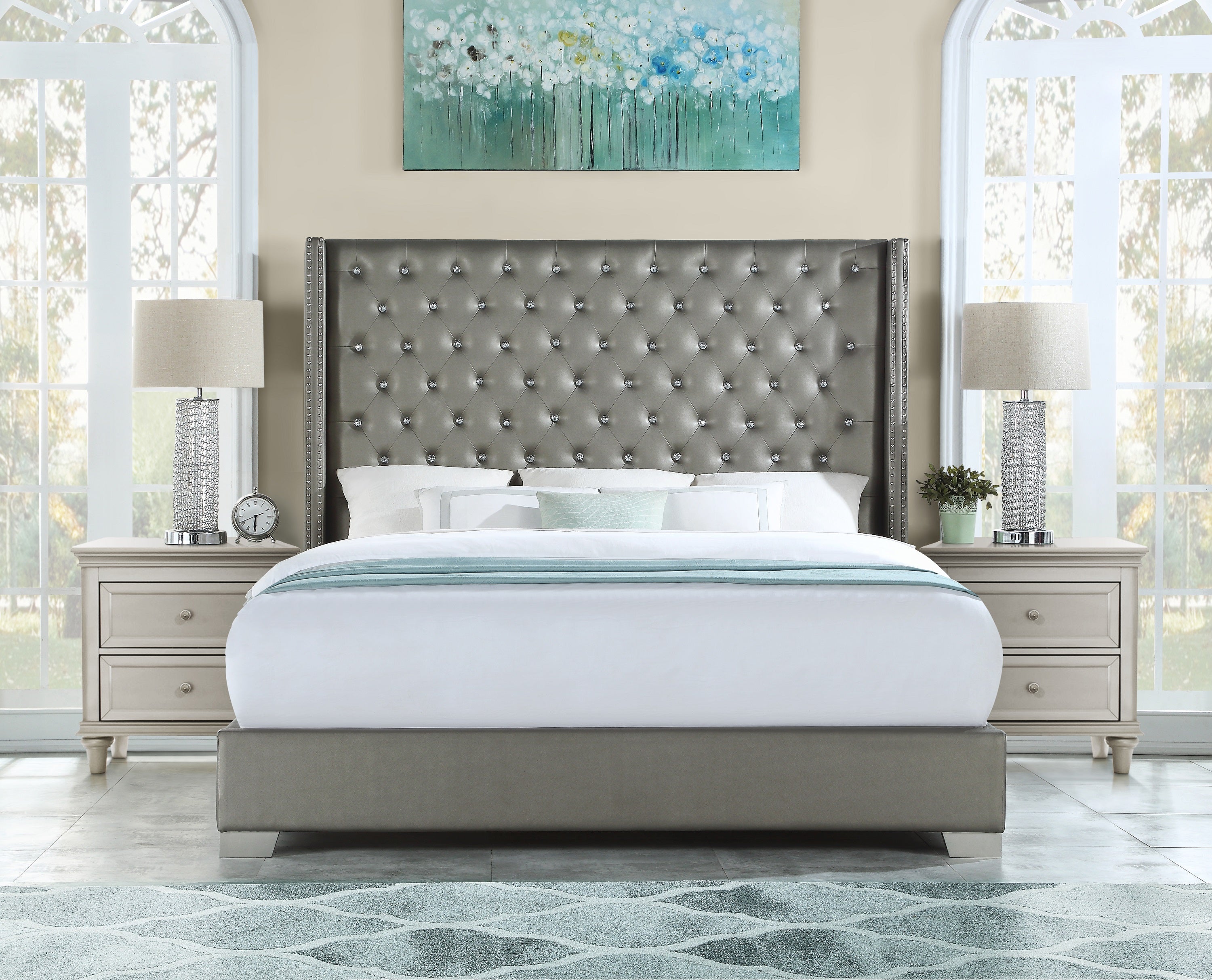 Franco Silver Queen Upholstered Bed - SET | SH228-1 | SH228-3 - Bien Home Furniture &amp; Electronics