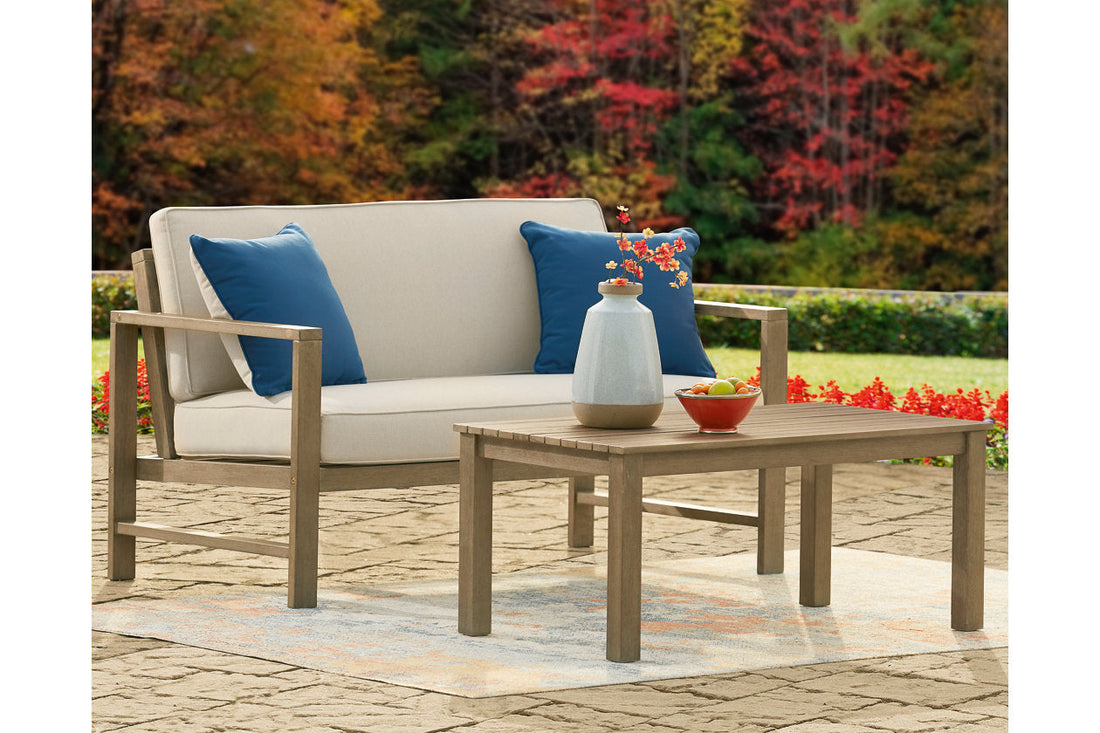Fynnegan Light Brown Outdoor Loveseat with Table, Set of 2 - P349-035 - Bien Home Furniture &amp; Electronics