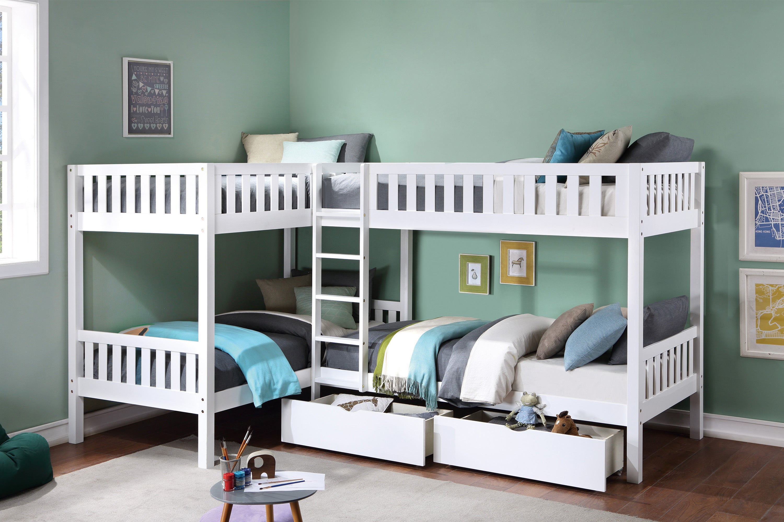 Galen White Corner Bunk Bed with Storage Boxes - SET | B2053CNW-1 | B2053CNW-2 | B2053CNW-SL | B2053W-T - Bien Home Furniture &amp; Electronics