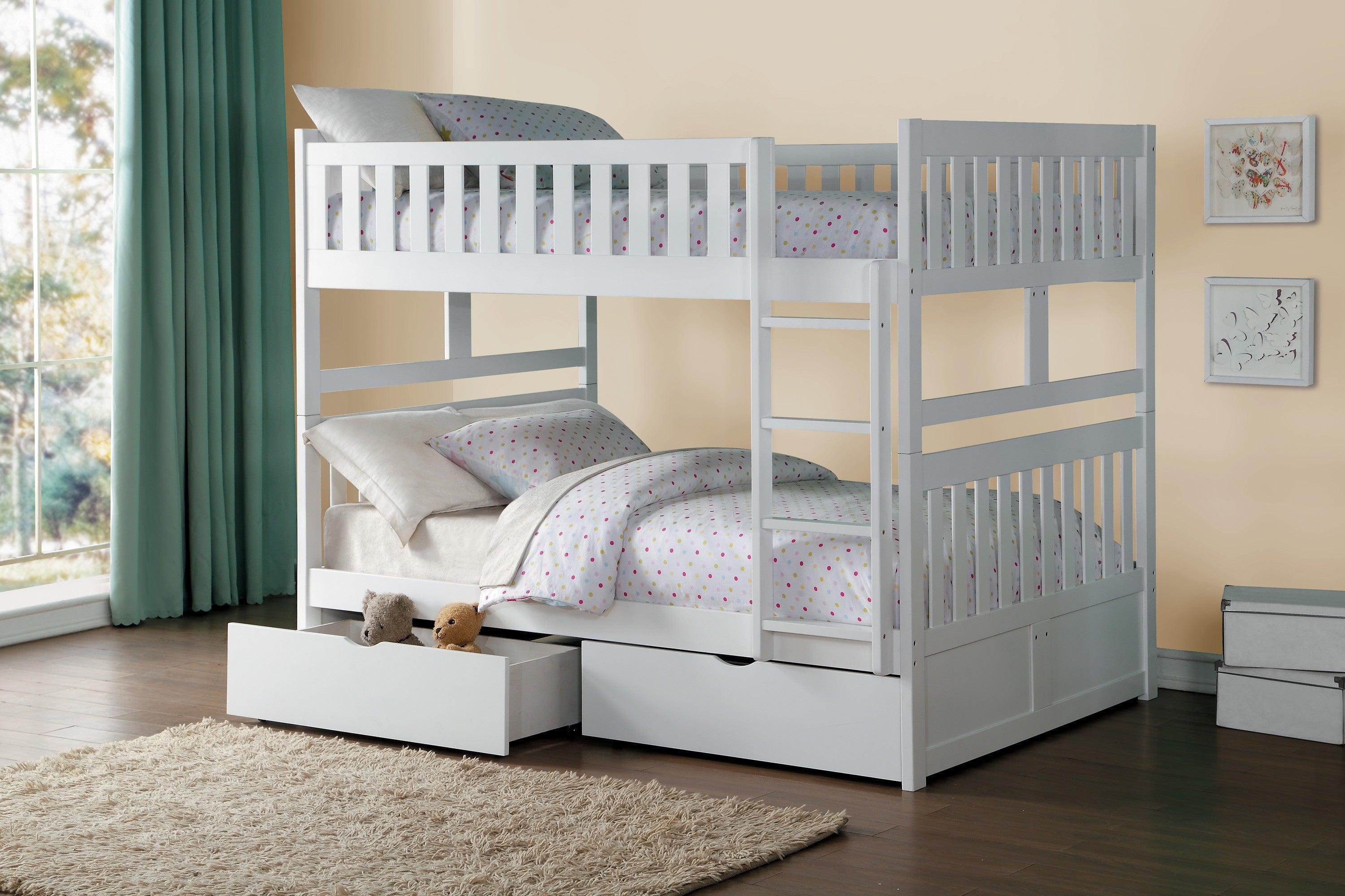 Galen White Full/Full Bunk Bed with Storage Boxes - SET | B2053FFW-1 | B2053FFW-2 | B2053FFW-SL | B2053W-T - Bien Home Furniture &amp; Electronics