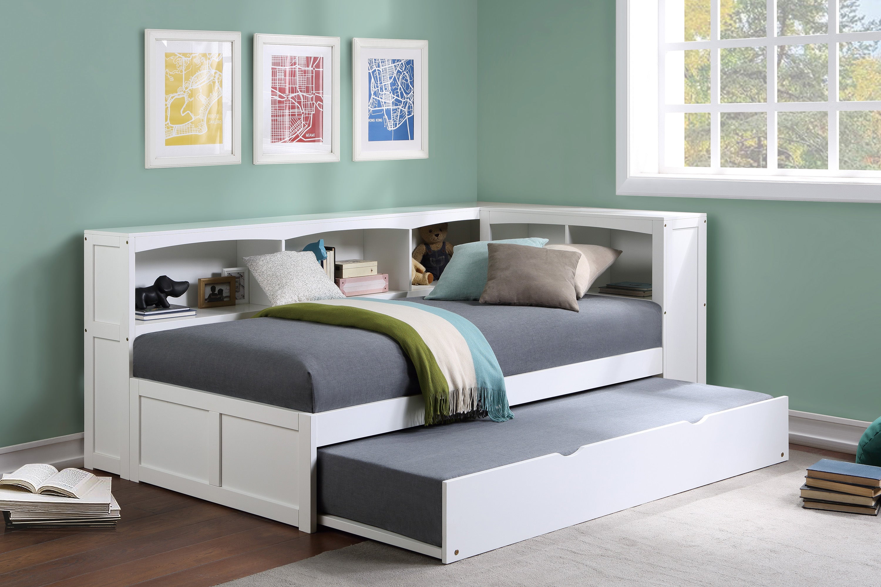 Galen White Twin Bookcase Corner Bed with Twin Trundle - SET | B2053BCW-1 | B2053BCW-2 | B2053BCW-BC | B2053W-R - Bien Home Furniture &amp; Electronics