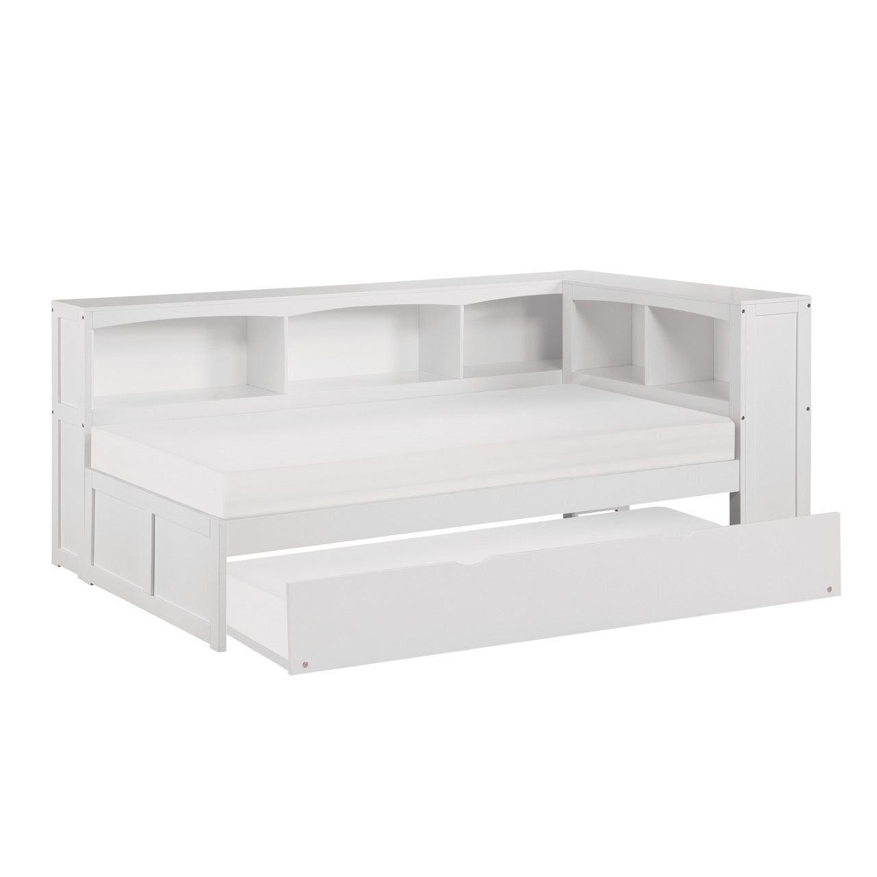 Galen White Twin Bookcase Corner Bed with Twin Trundle - SET | B2053BCW-1 | B2053BCW-2 | B2053BCW-BC | B2053W-R - Bien Home Furniture &amp; Electronics