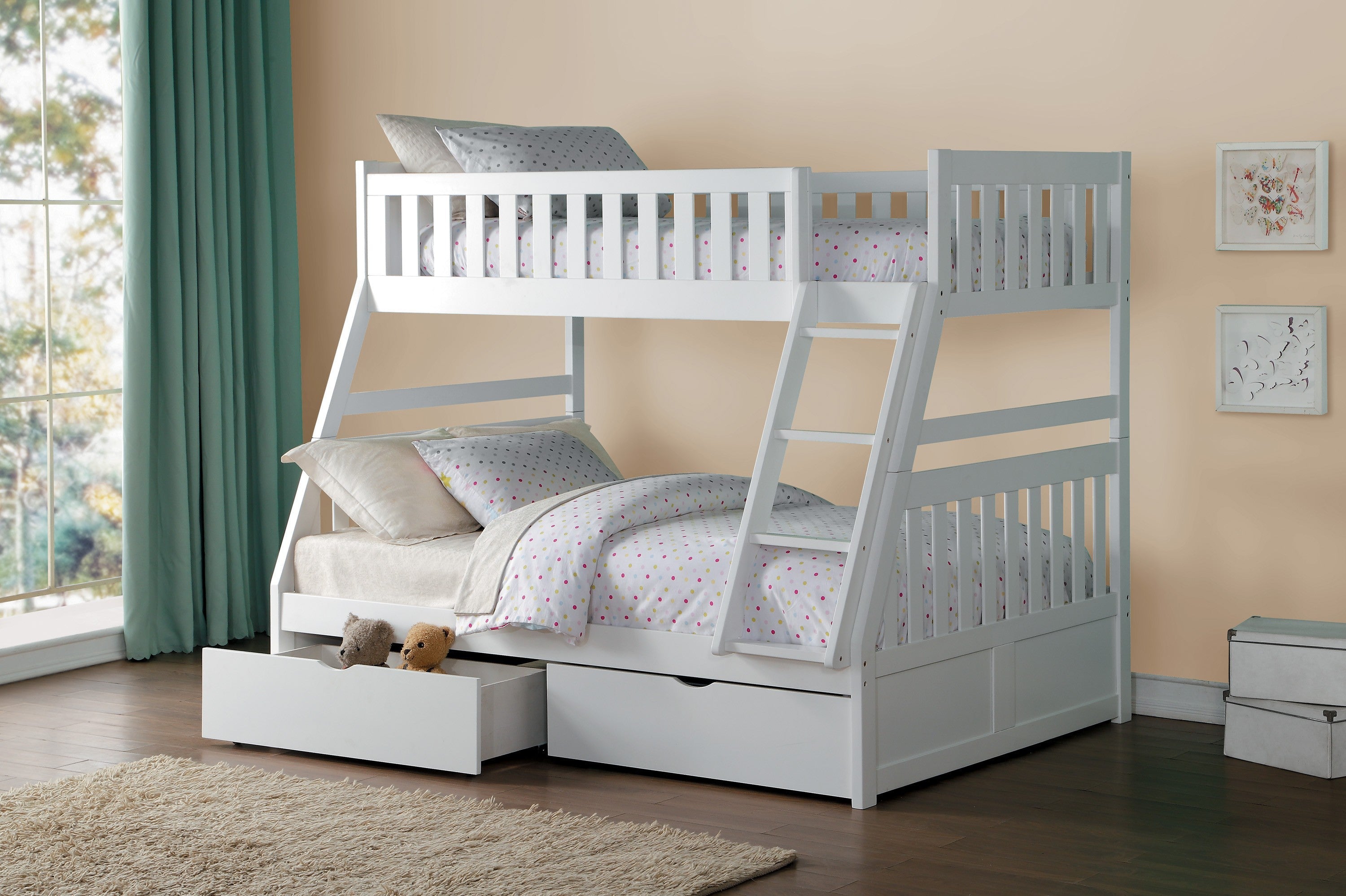 Galen White Twin/Full Bunk Bed with Storage Boxes - SET | B2053TFW-1 | B2053TFW-2 | B2053TFW-SL | B2053W-T - Bien Home Furniture &amp; Electronics