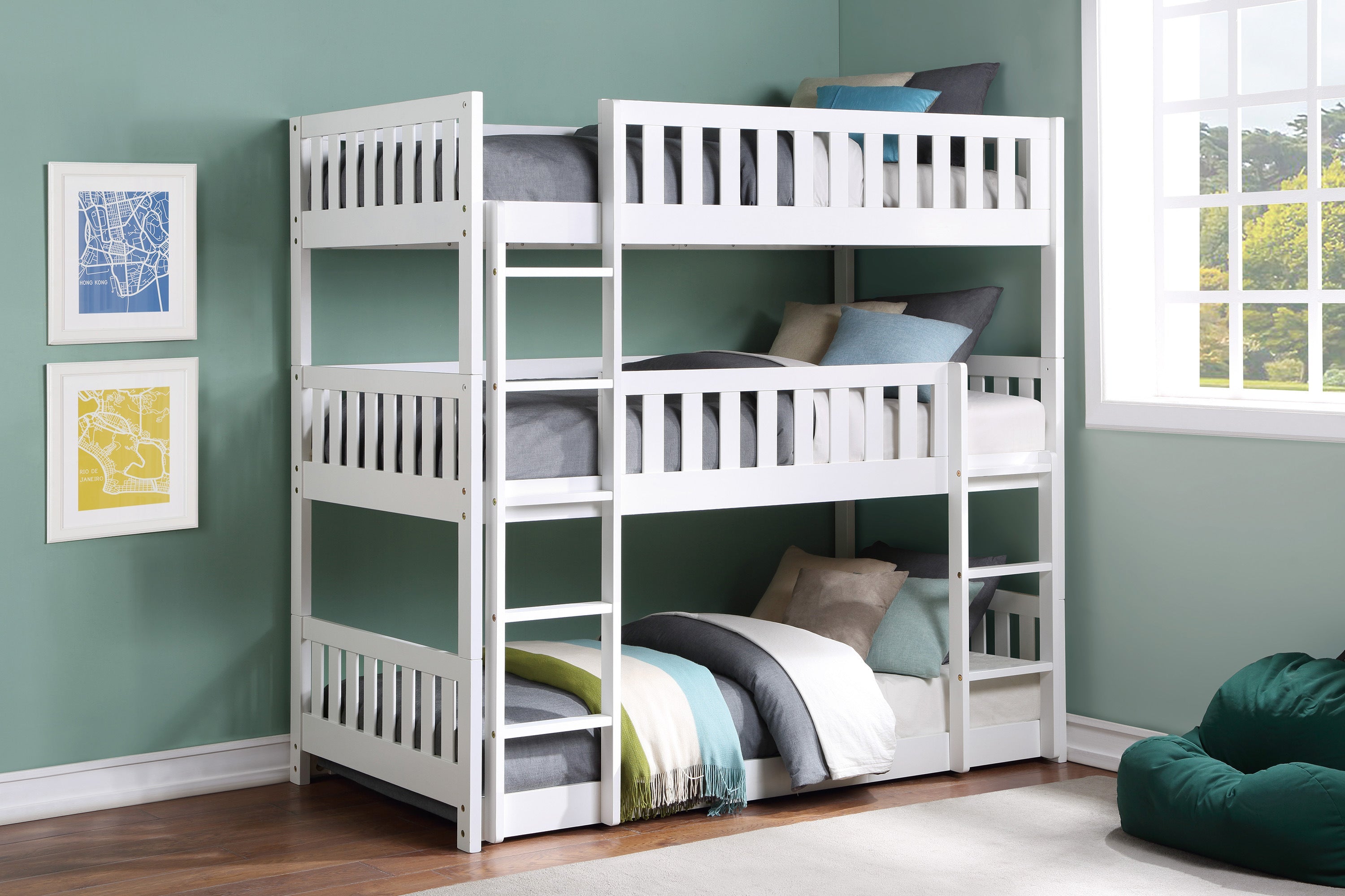 Galen White Twin Triple Bunk Bed - SET | B2053TTTW-1 | B2053TTTW-2 | B2053TTTW-SL - Bien Home Furniture &amp; Electronics